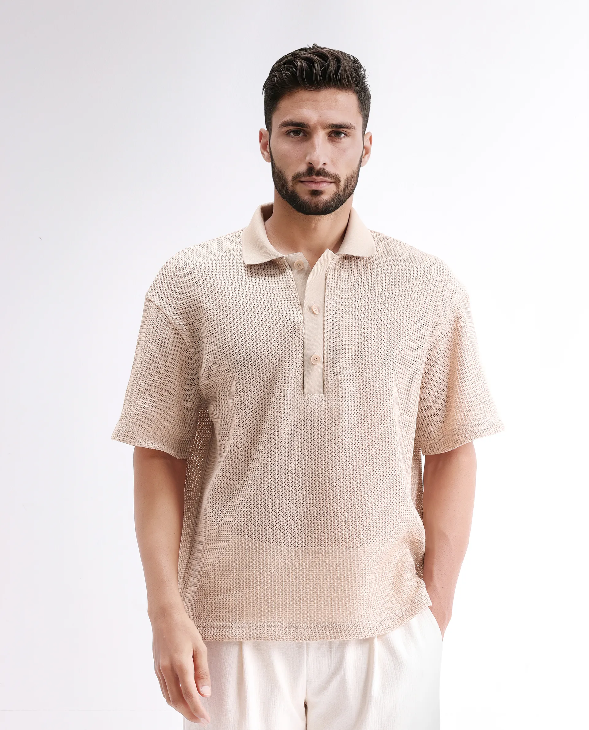Rare Rabbit Men's Lbiza Beige Cotton Plain Regular Fit Half Sleeve Collared Shirt - Image 5