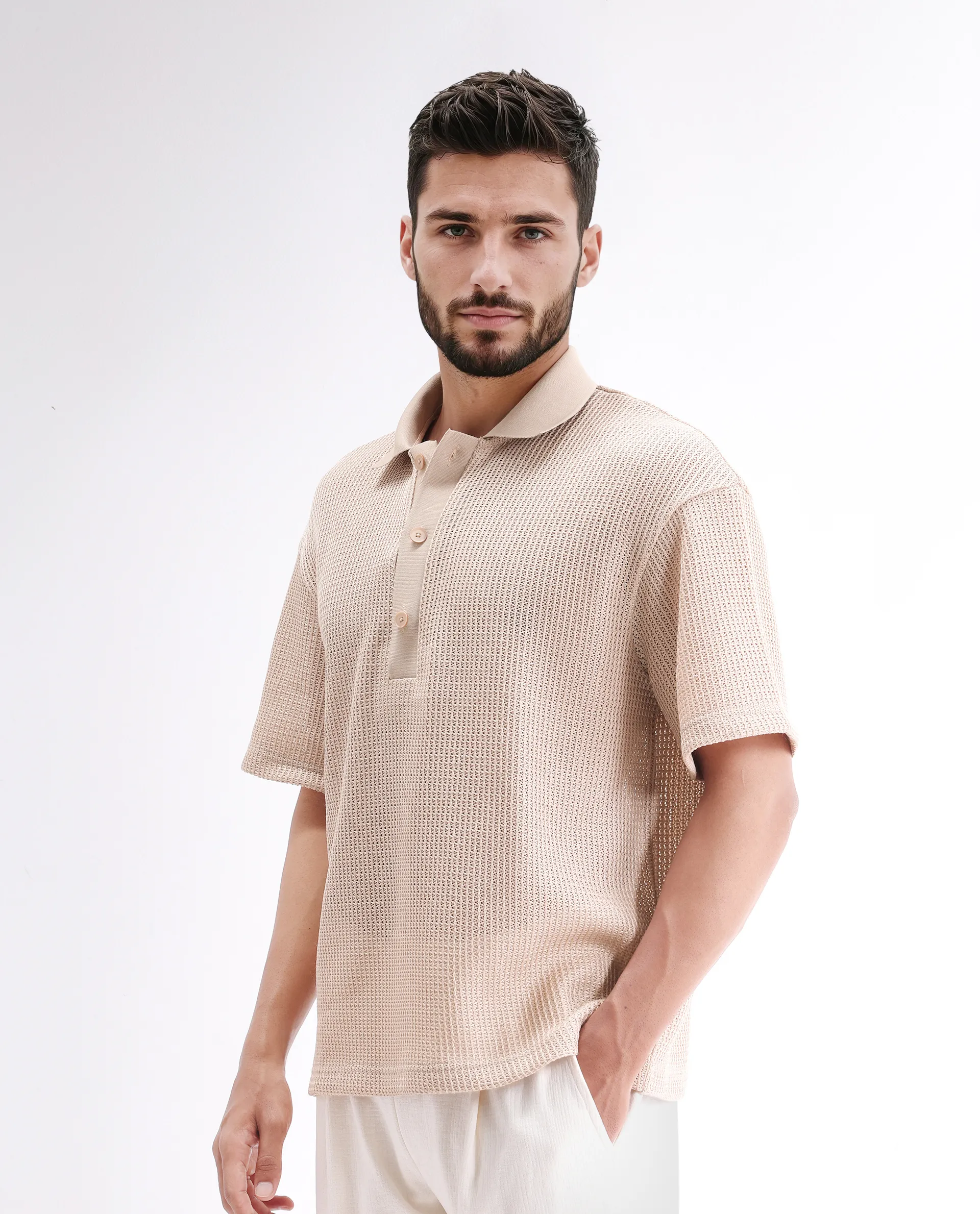 Rare Rabbit Men's Lbiza Beige Cotton Plain Regular Fit Half Sleeve Collared Shirt - Image 6