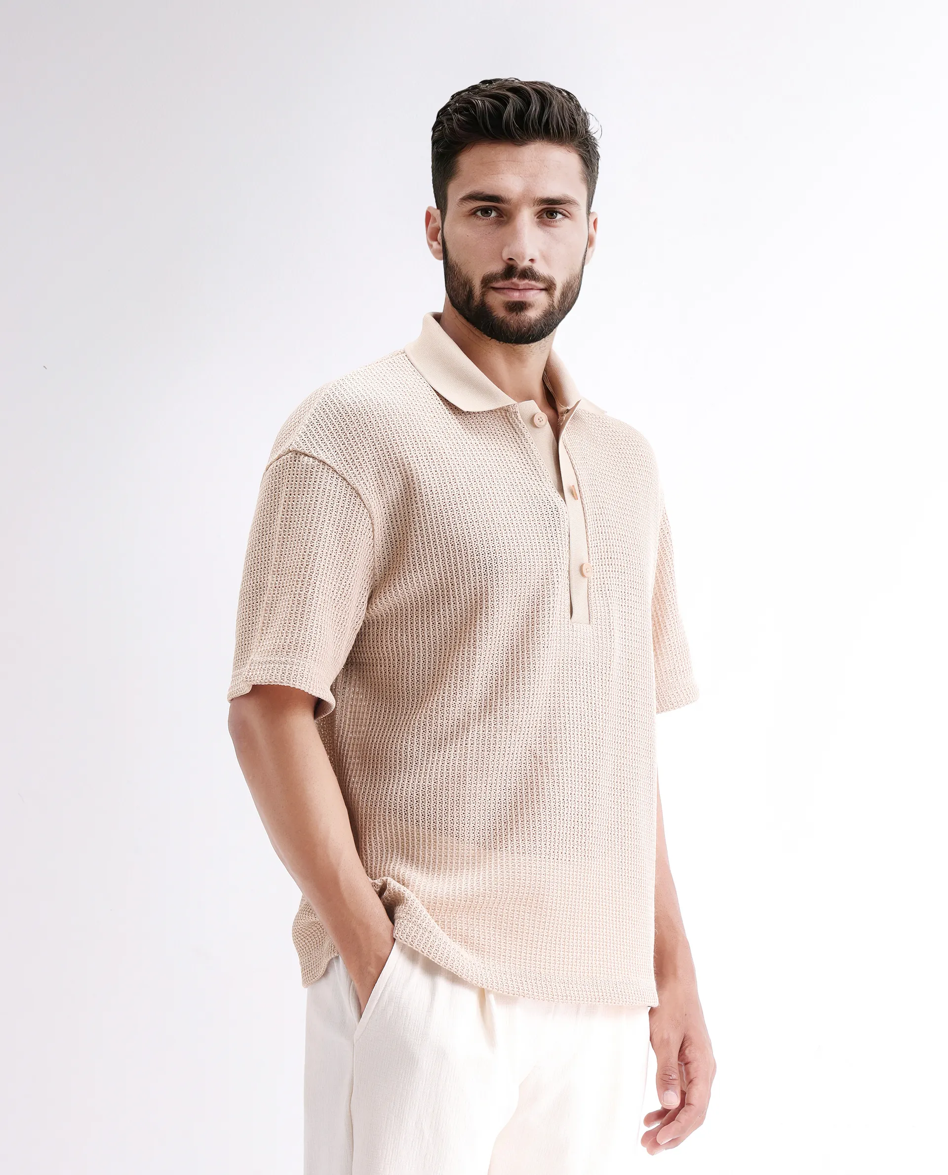 Rare Rabbit Men's Lbiza Beige Cotton Plain Regular Fit Half Sleeve Collared Shirt - Image 7