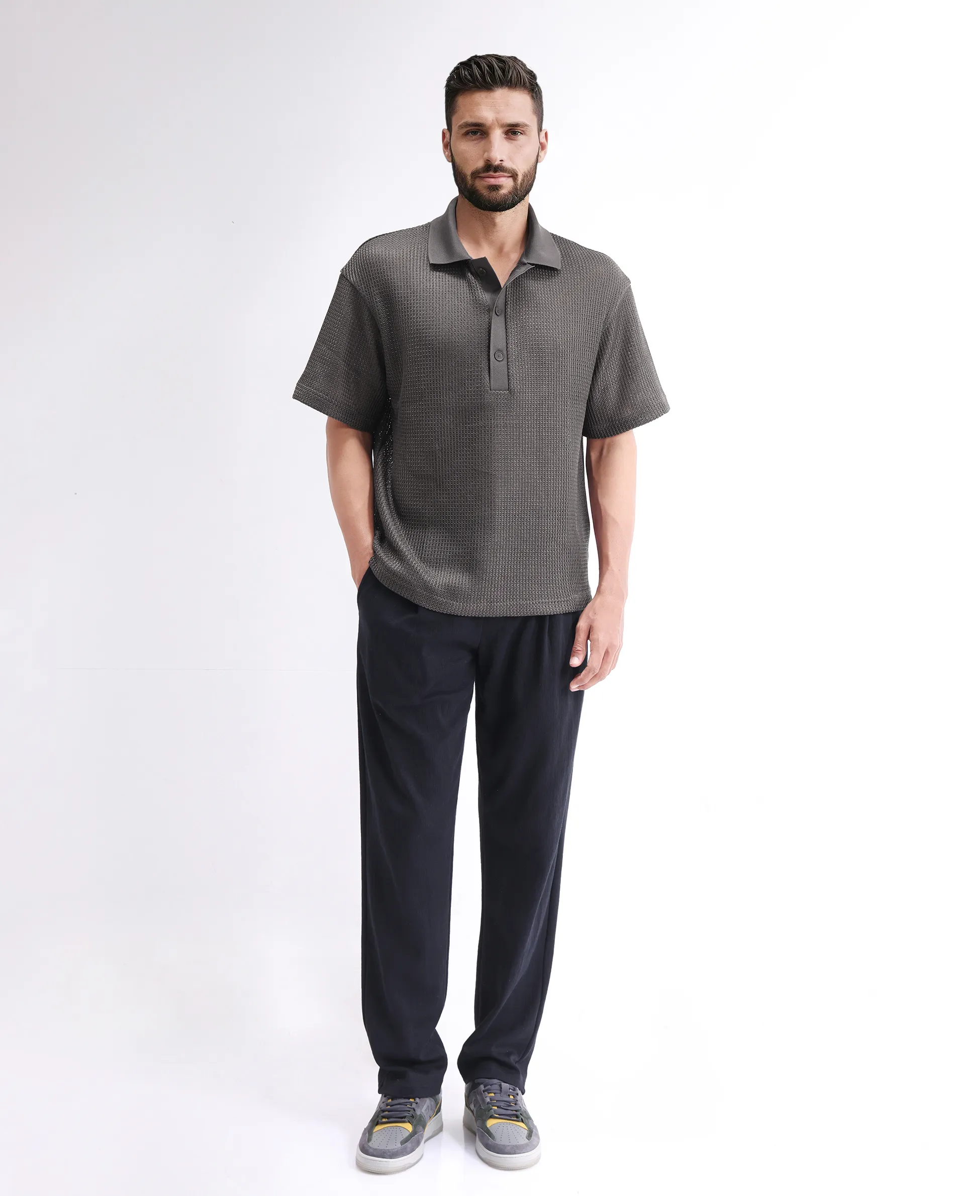 Rare Rabbit Men's Lbiza Dark Grey Cotton Plain Regular Fit Half Sleeve Collared Shirt - Image 2