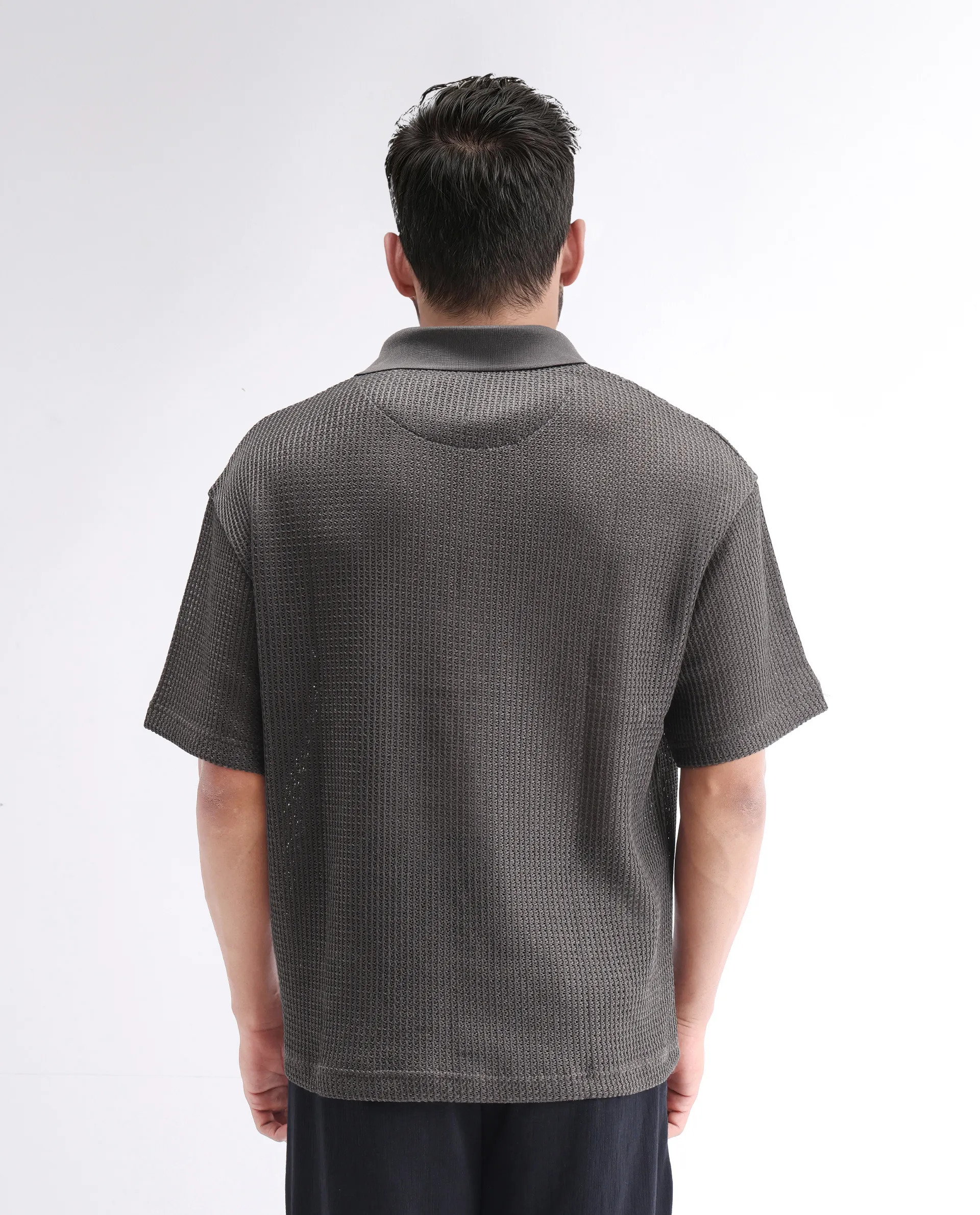 Rare Rabbit Men's Lbiza Dark Grey Cotton Plain Regular Fit Half Sleeve Collared Shirt - Image 4