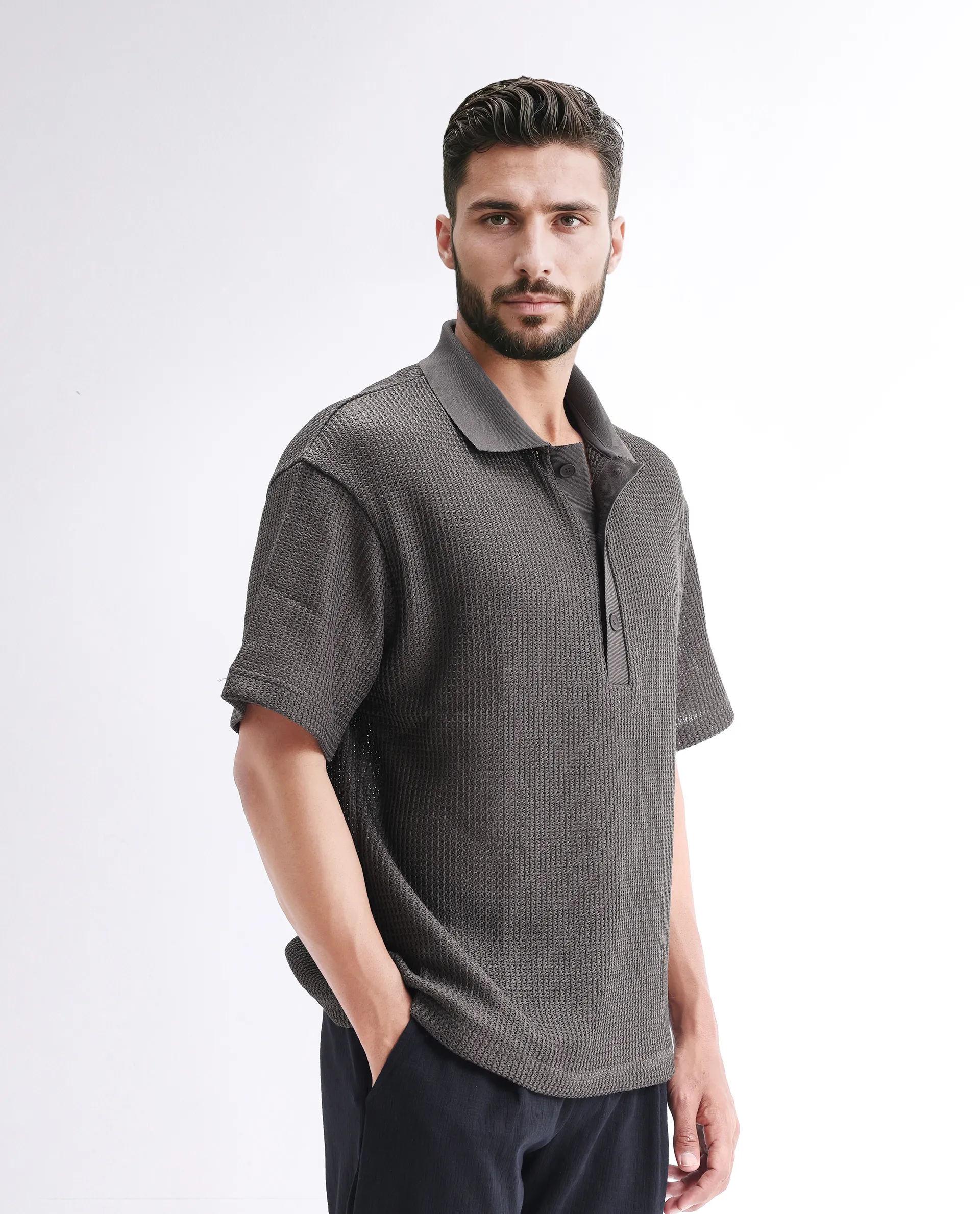 Rare Rabbit Men's Lbiza Dark Grey Cotton Plain Regular Fit Half Sleeve Collared Shirt - Image 5