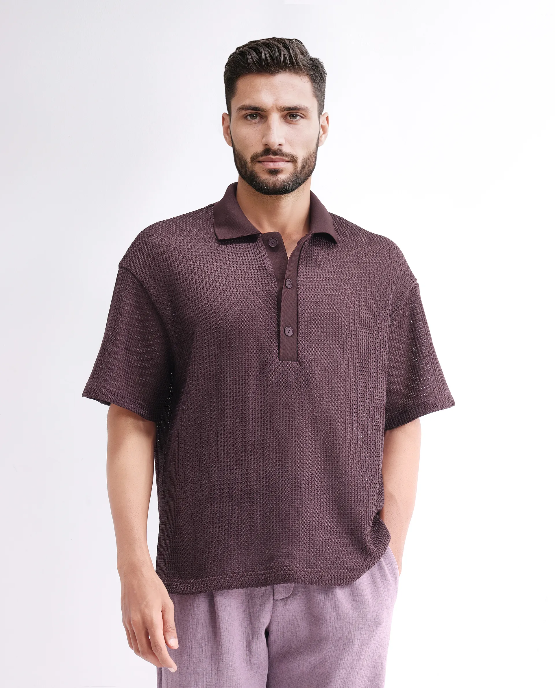 Rare Rabbit Men's Lbiza Maroon Cotton Plain Regular Fit Half Sleeve Collared Shirt - Image 5