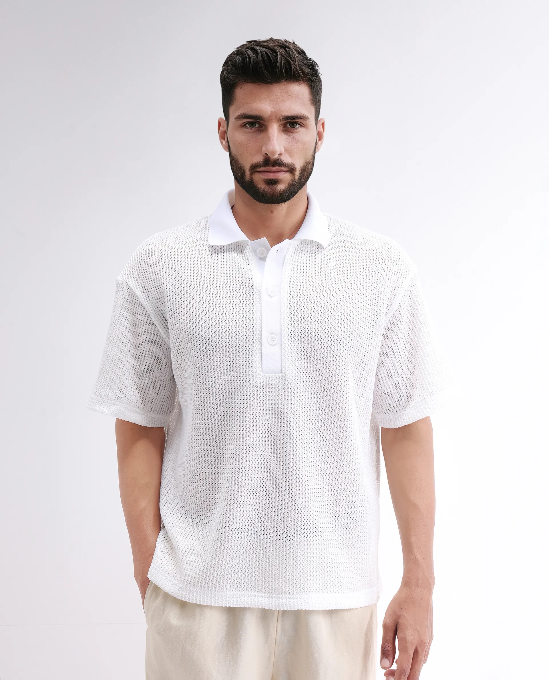 Rare Rabbit Men's Lbiza White Cotton Plain Regular Fit Half Sleeve Collared Shirt - Image 7