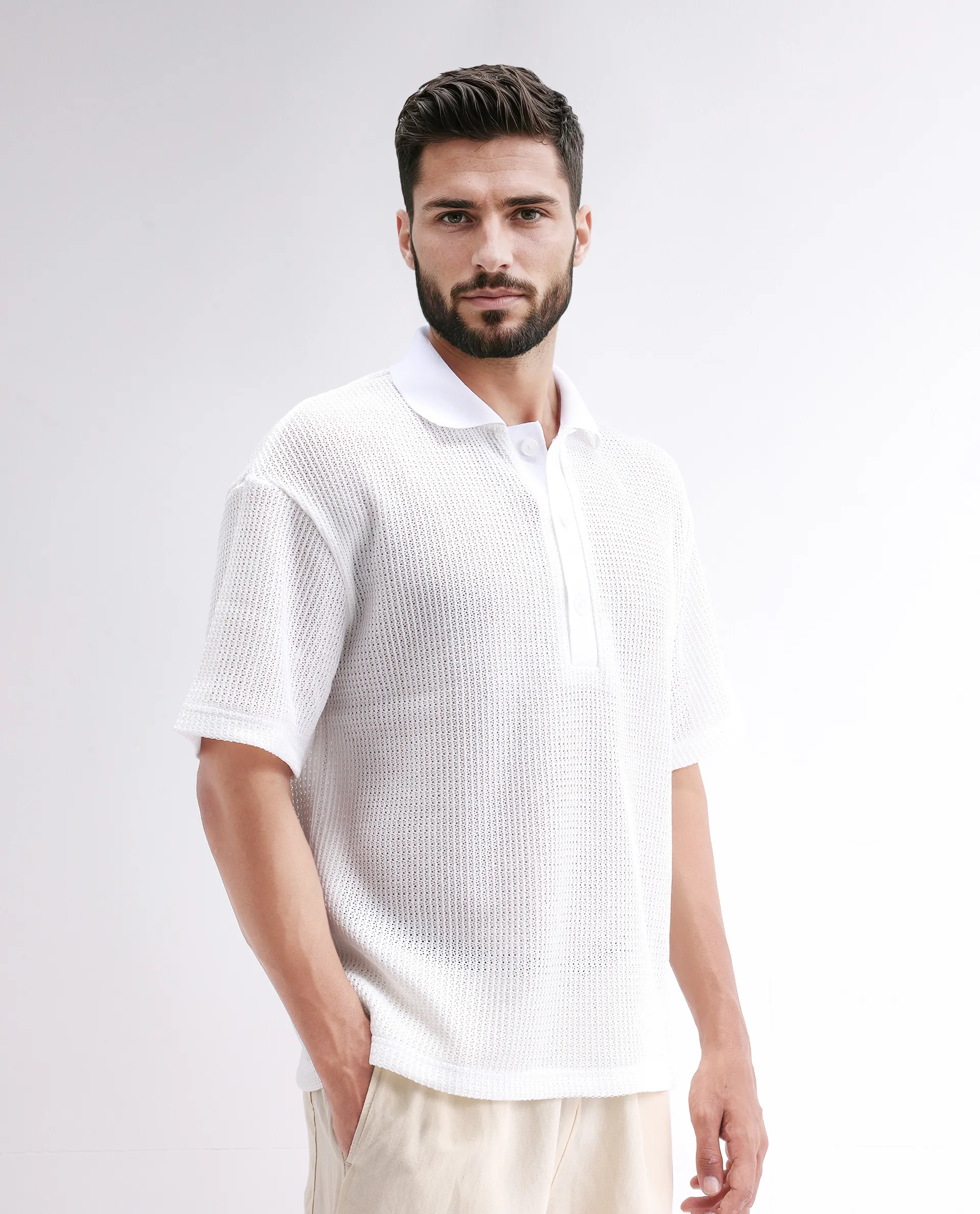 Rare Rabbit Men's Lbiza White Cotton Plain Regular Fit Half Sleeve Collared Shirt - Image 8