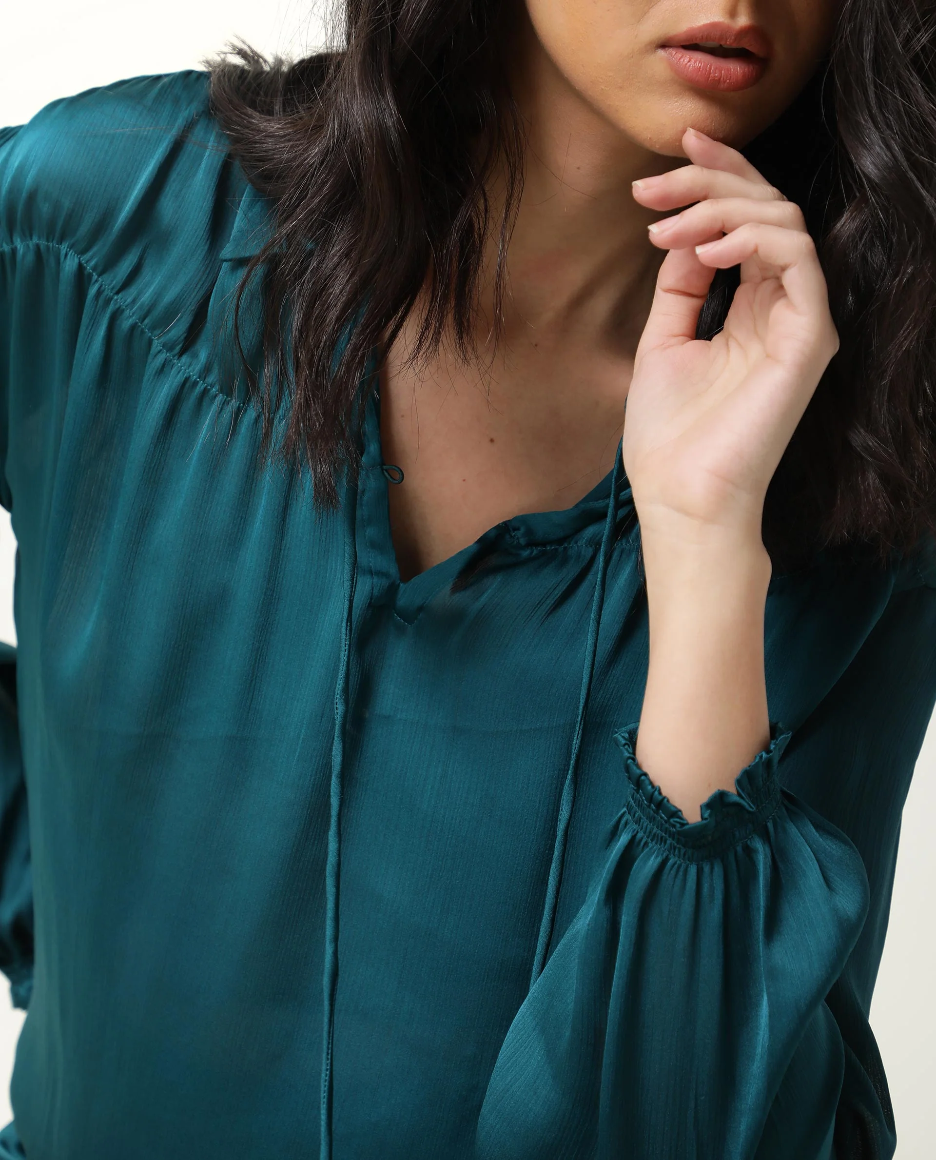 Rareism Womens Leaf Petrol Top Polyester Fabric Regular Fit Puff Sleeves V Neck - Image 3