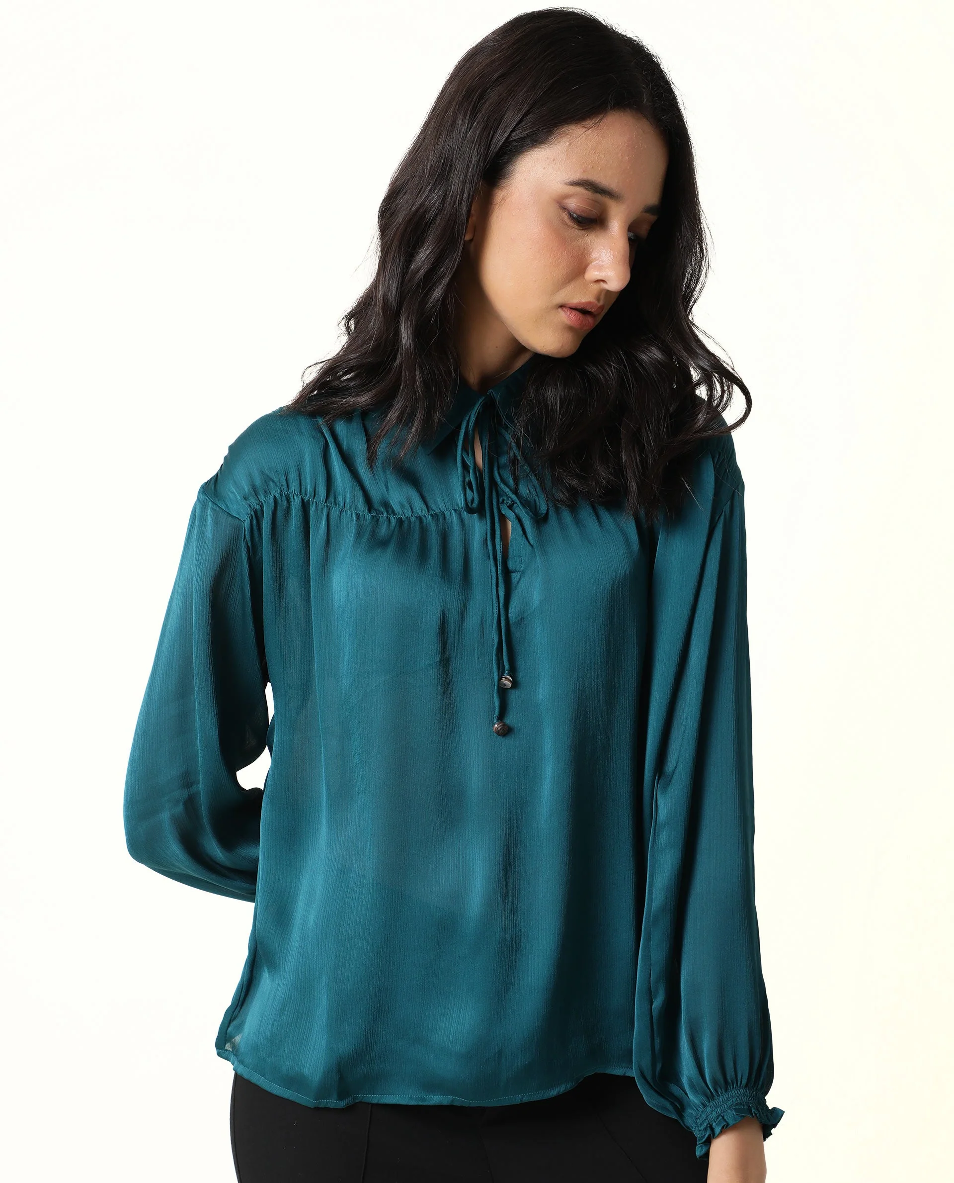 Rareism Womens Leaf Petrol Top Polyester Fabric Regular Fit Puff Sleeves V Neck - Image 4
