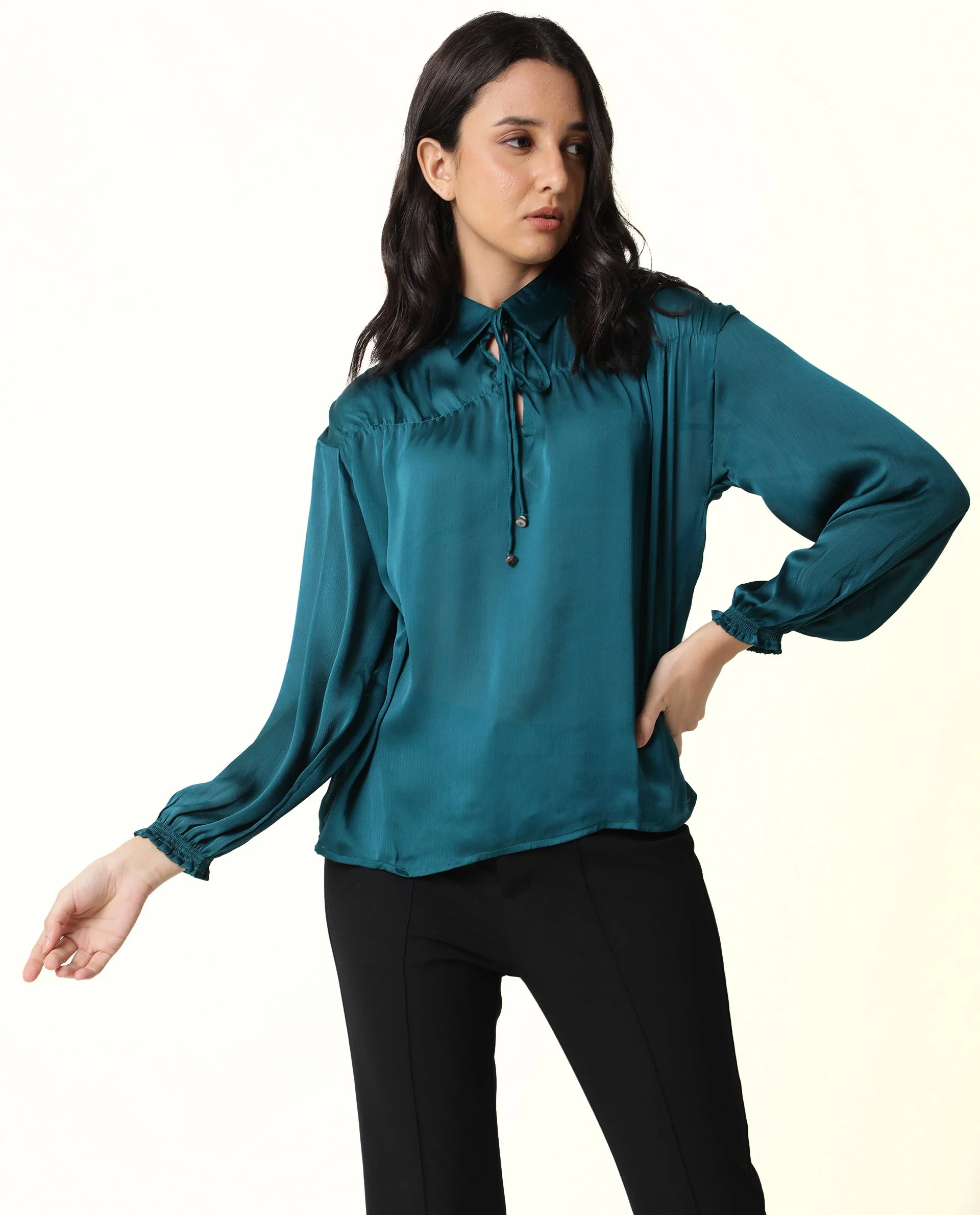 Rareism Womens Leaf Petrol Top Polyester Fabric Regular Fit Puff Sleeves V Neck - Image 5