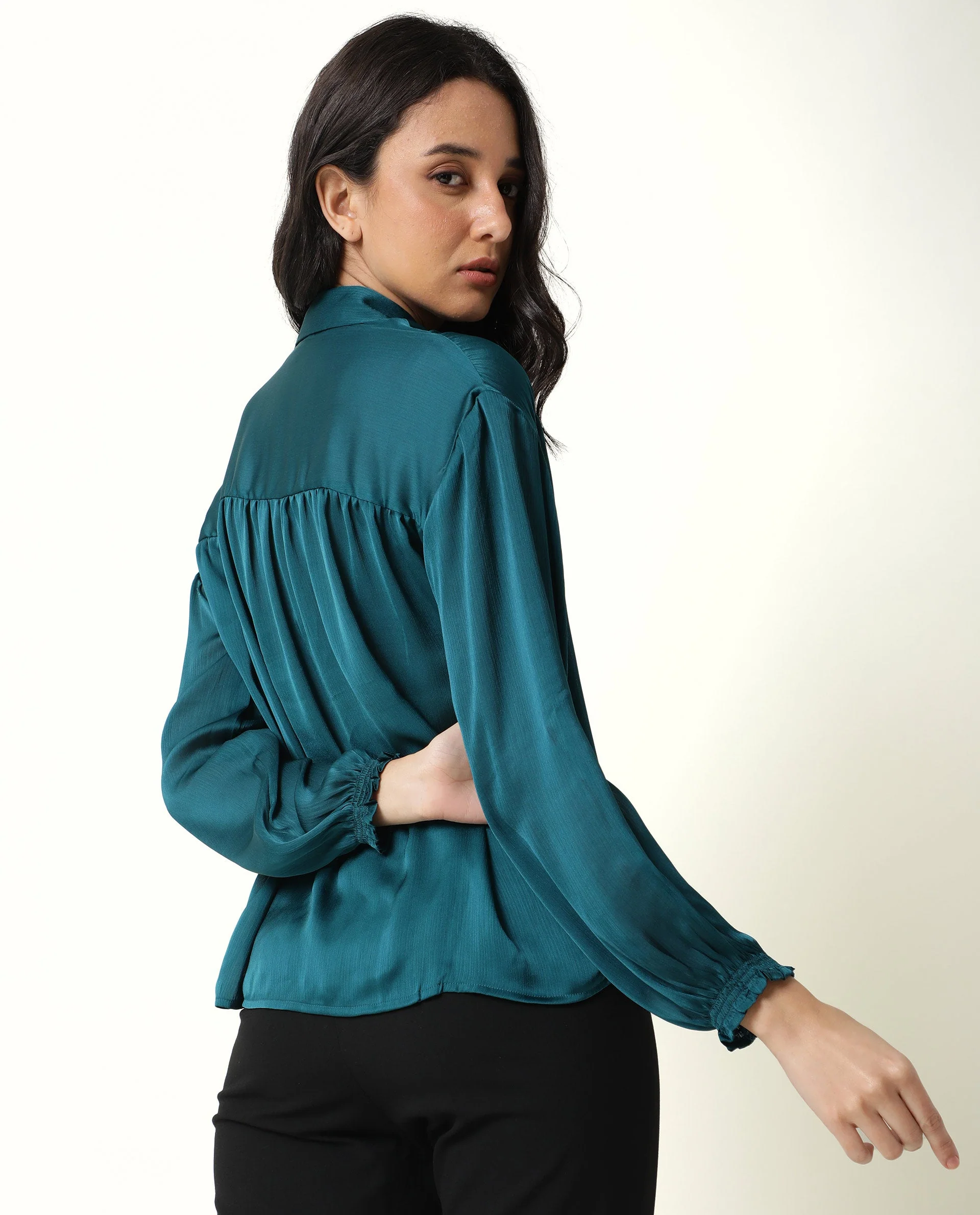 Rareism Womens Leaf Petrol Top Polyester Fabric Regular Fit Puff Sleeves V Neck - Image 6