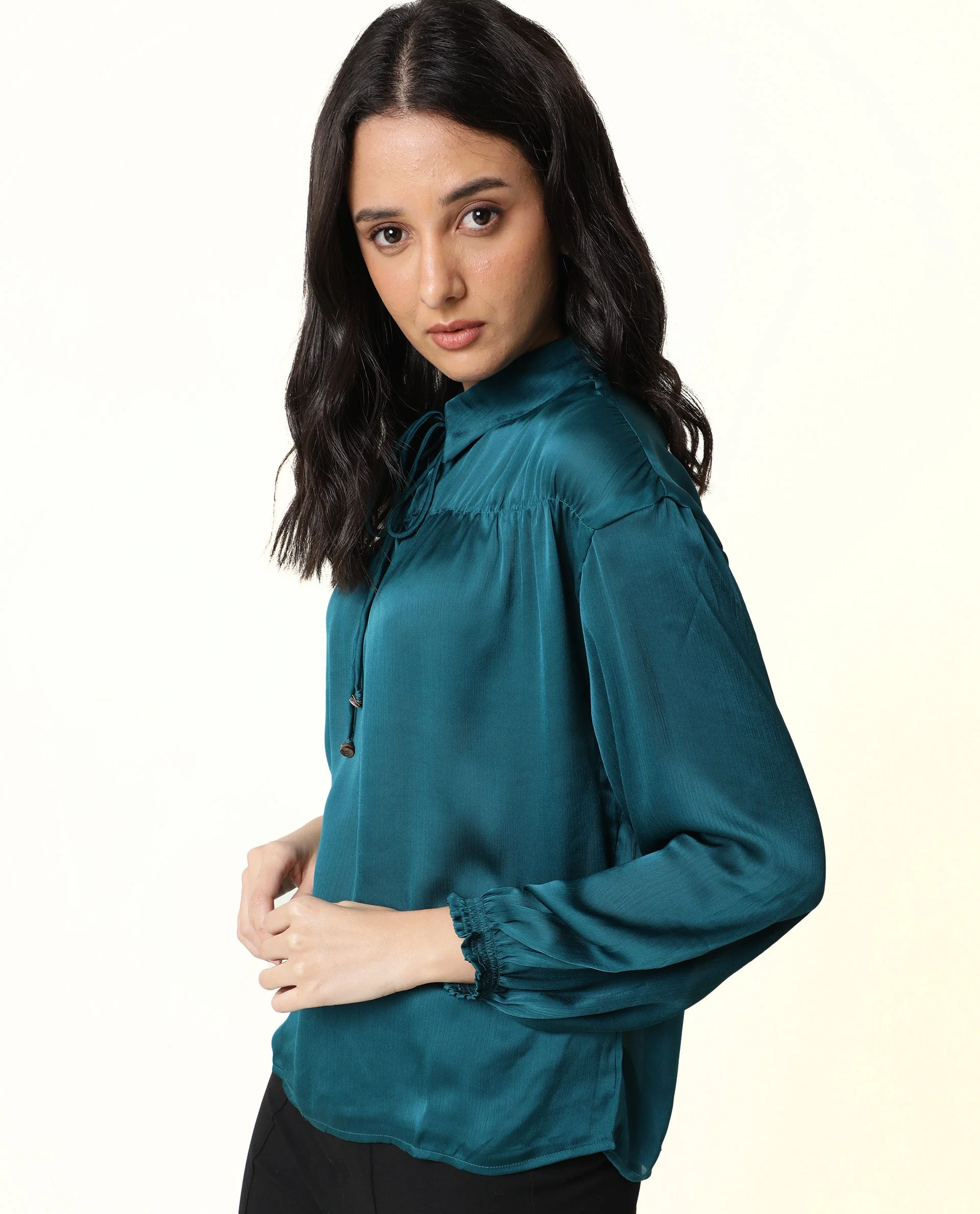 Rareism Womens Leaf Petrol Top Polyester Fabric Regular Fit Puff Sleeves V Neck - Image 7