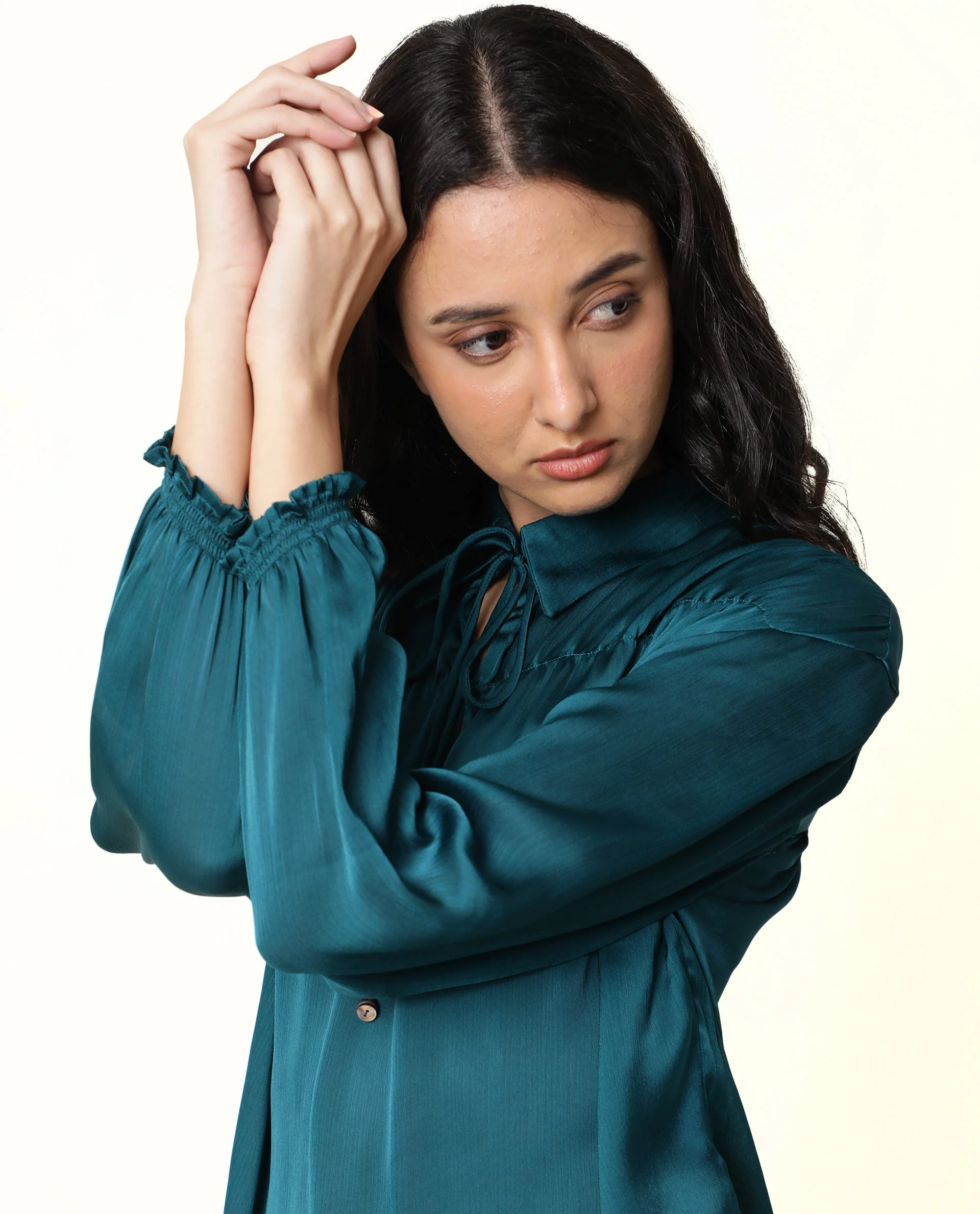 Rareism Womens Leaf Petrol Top Polyester Fabric Regular Fit Puff Sleeves V Neck - Image 8