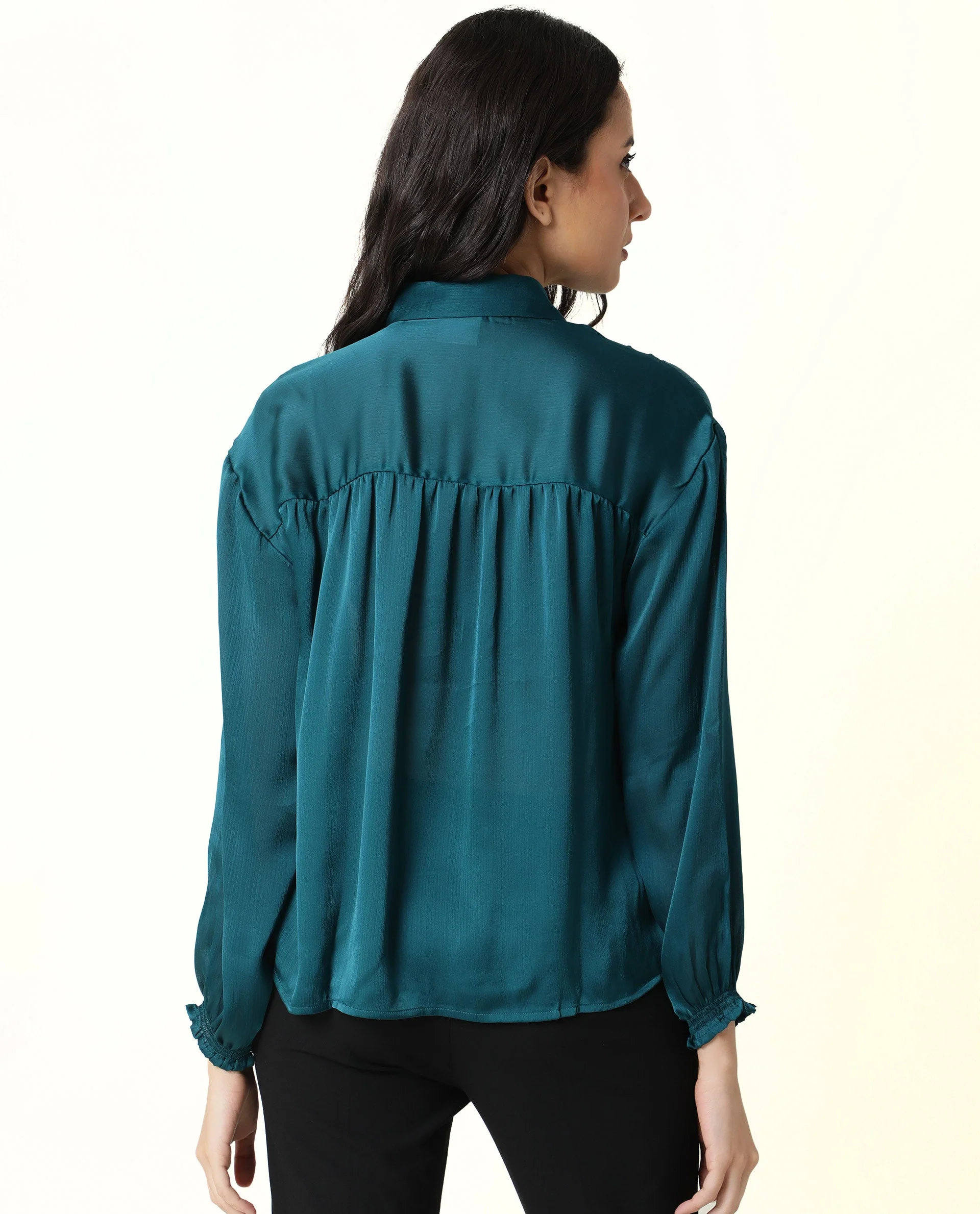 Rareism Womens Leaf Petrol Top Polyester Fabric Regular Fit Puff Sleeves V Neck - Image 9