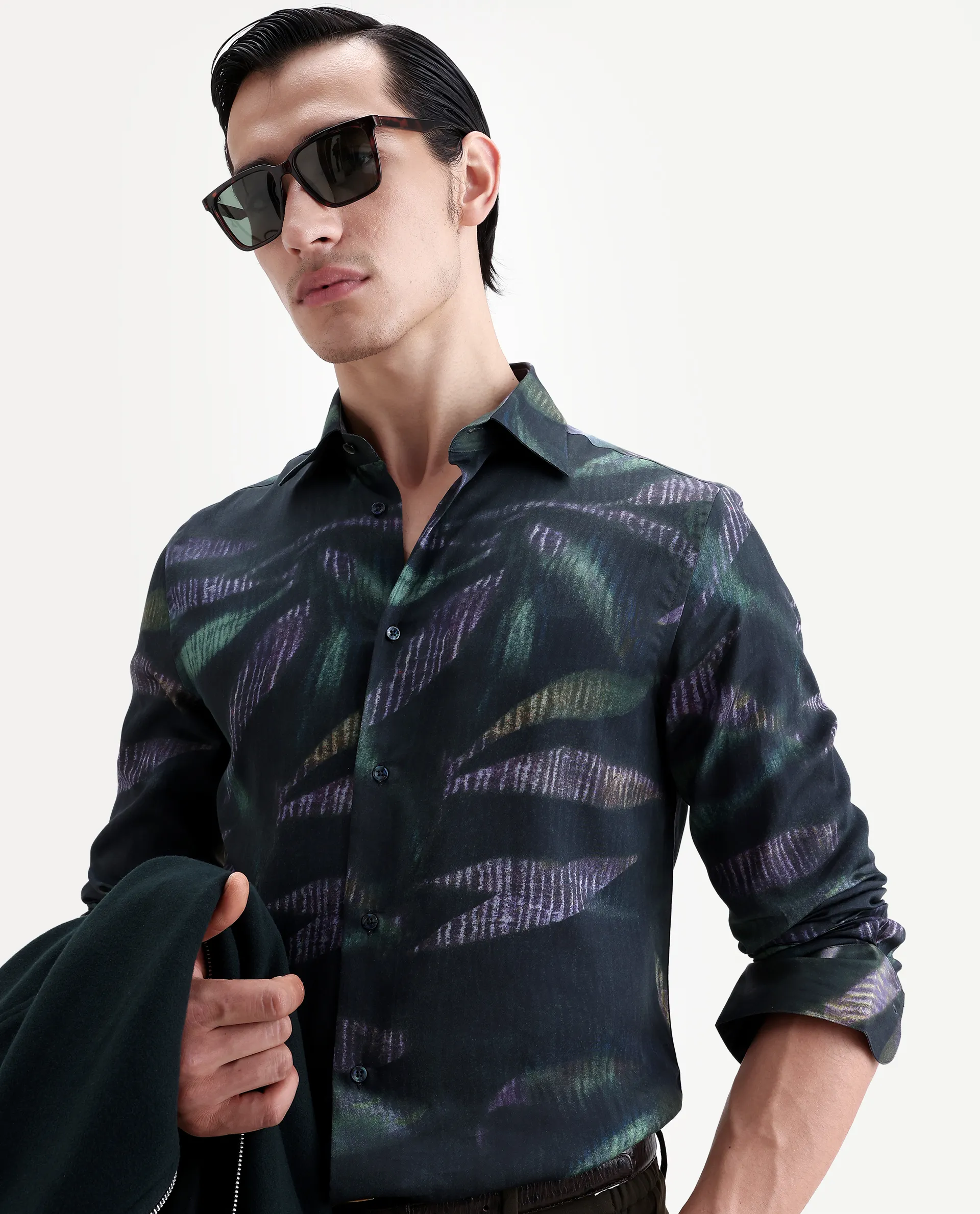 Rare Rabbit Men's Leafo Dusky Green Cotton Blend Blend Fabric Full Sleeve Regular Fit Abstract Print Shirt