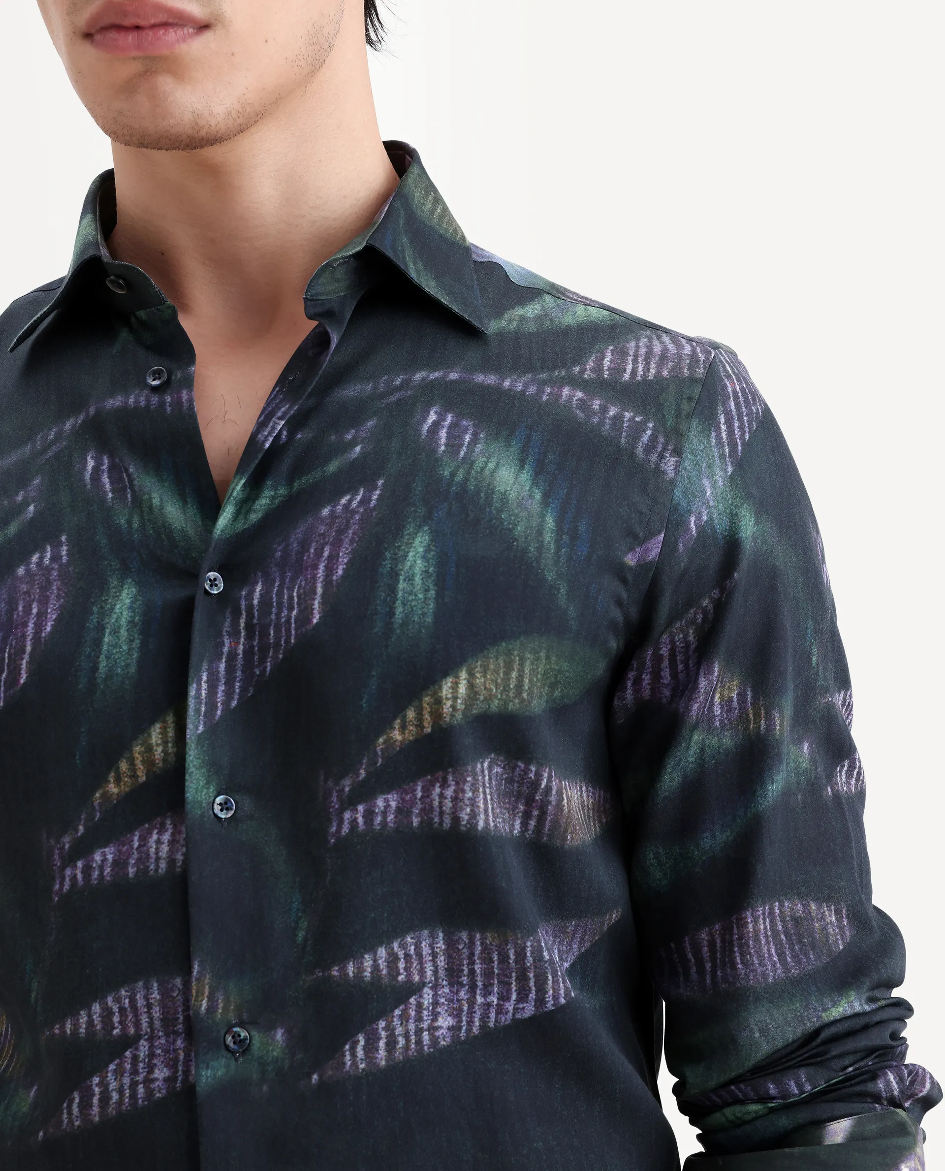 Rare Rabbit Men's Leafo Dusky Green Cotton Blend Blend Fabric Full Sleeve Regular Fit Abstract Print Shirt - Image 3