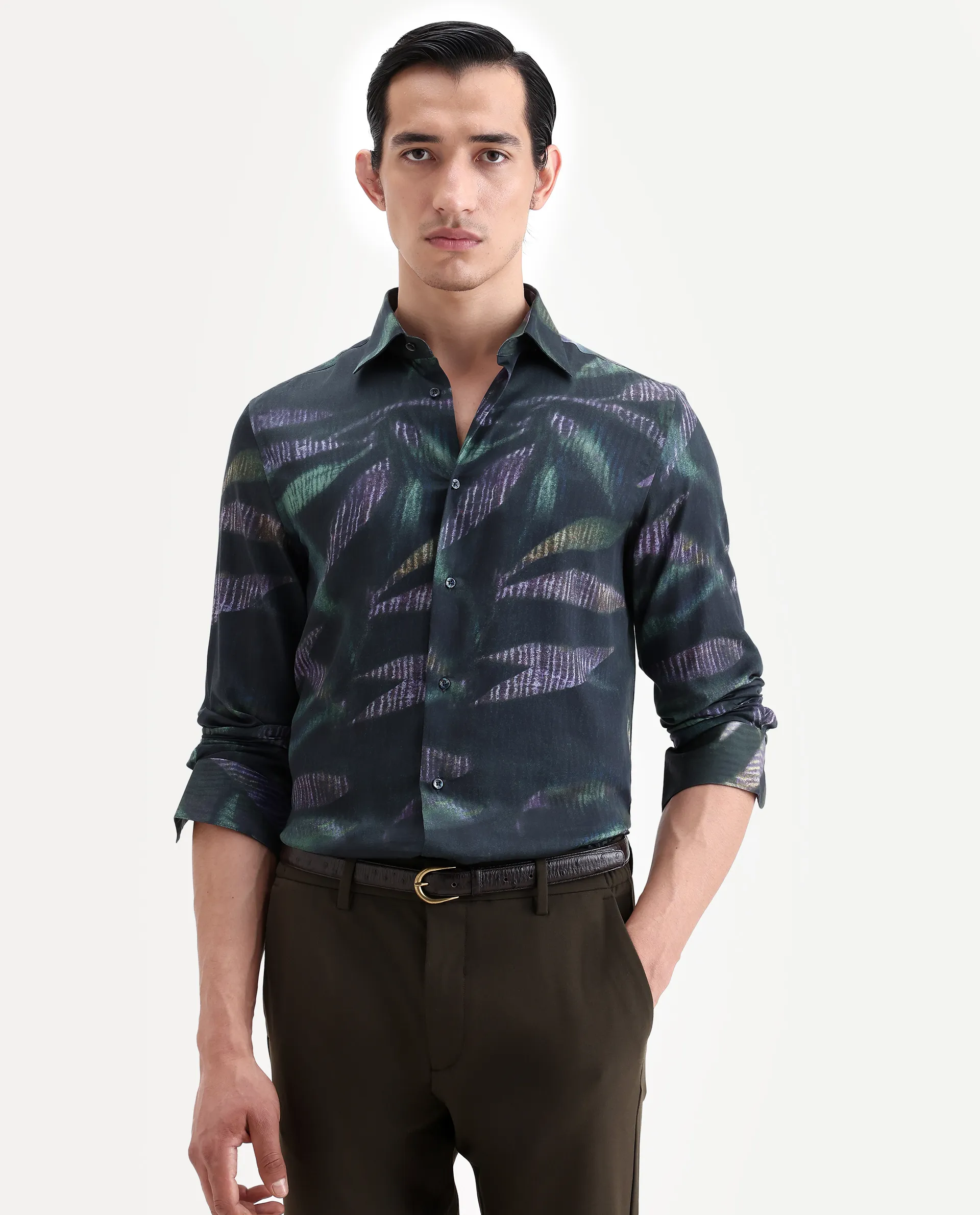 Rare Rabbit Men's Leafo Dusky Green Cotton Blend Blend Fabric Full Sleeve Regular Fit Abstract Print Shirt - Image 4