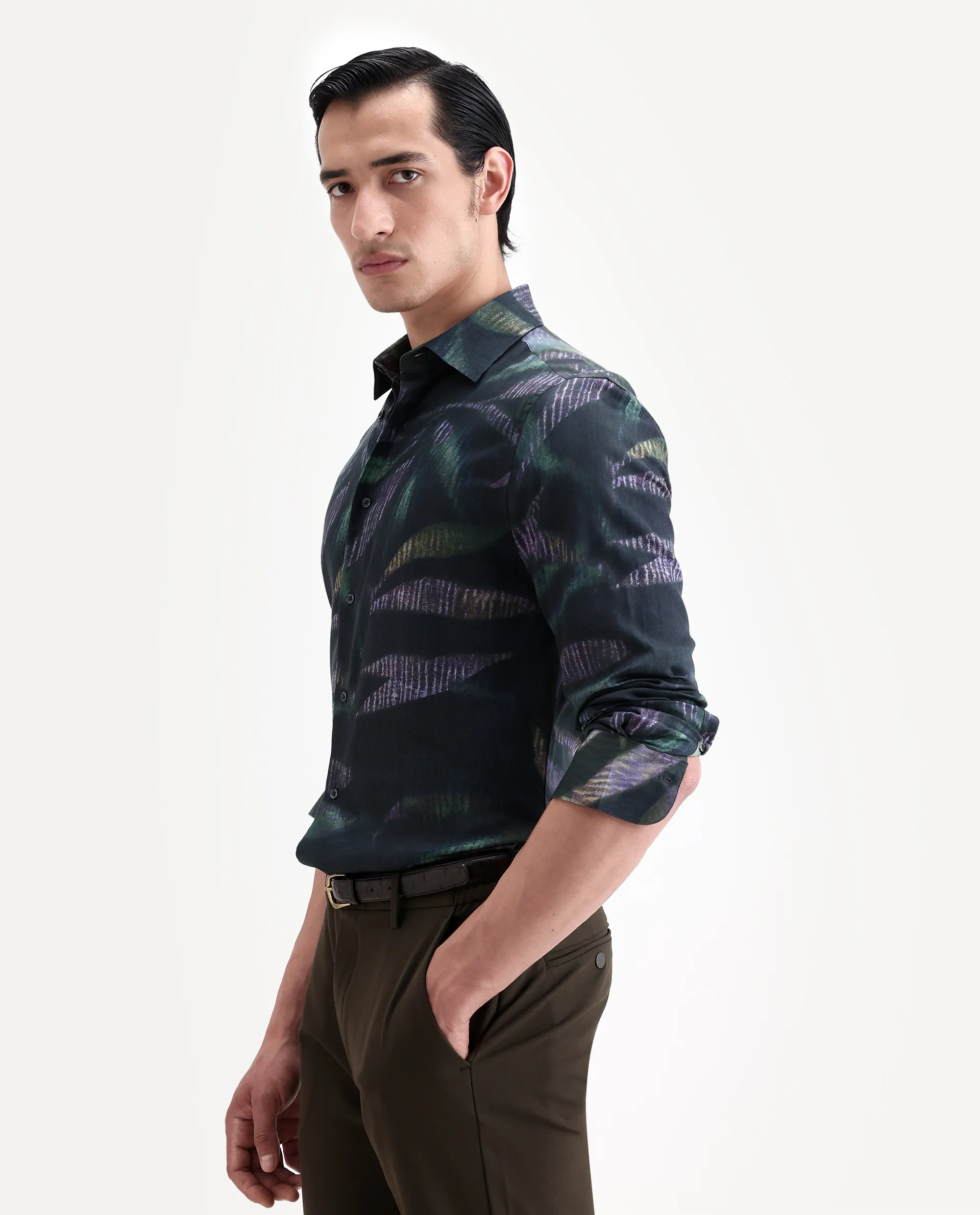 Rare Rabbit Men's Leafo Dusky Green Cotton Blend Blend Fabric Full Sleeve Regular Fit Abstract Print Shirt - Image 6