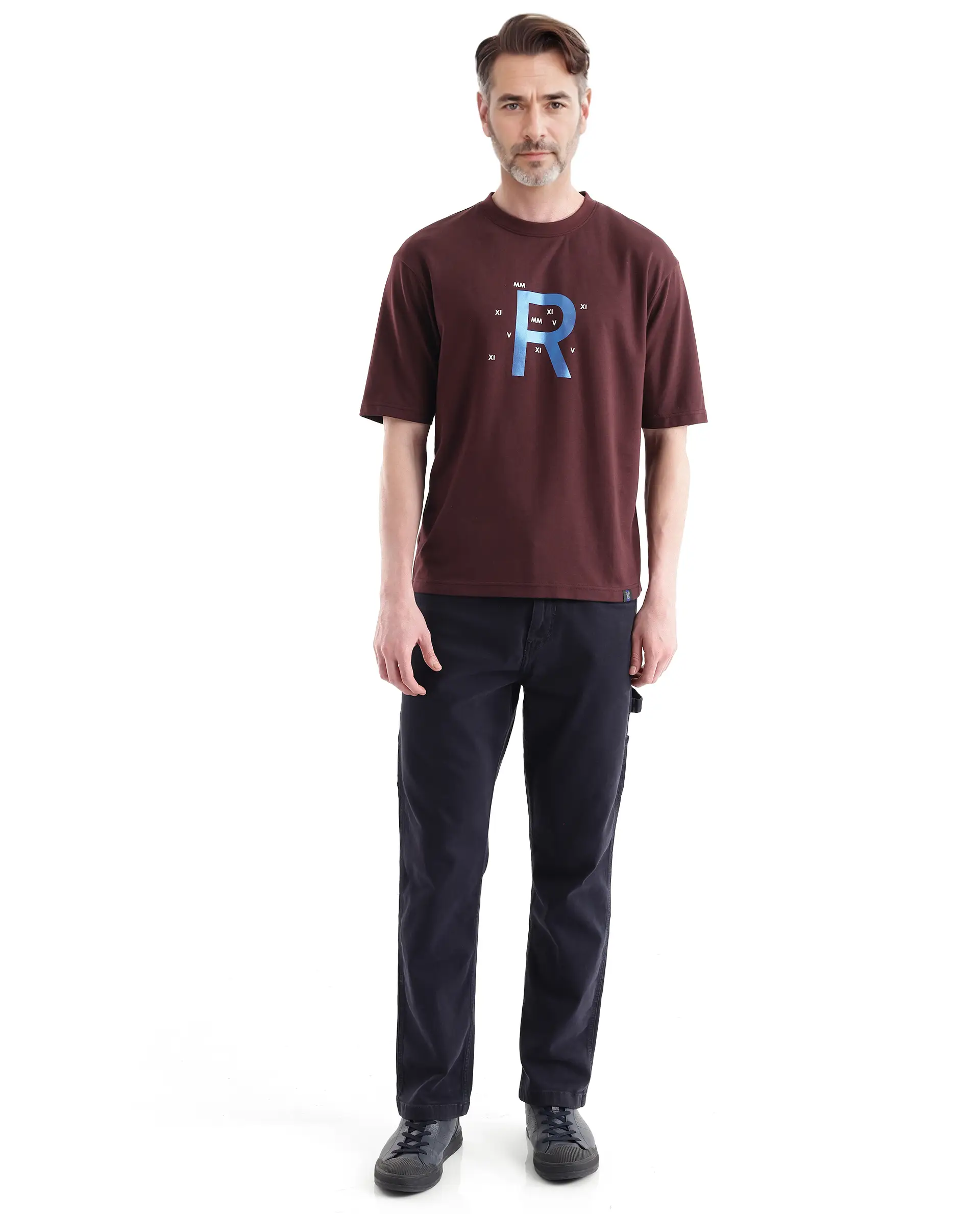 Rare Rabbit Men's Leat Dark Brown Cotton Graphic Print Boxy Fit Half Sleeve Crew Neck T-Shirt - Image 2