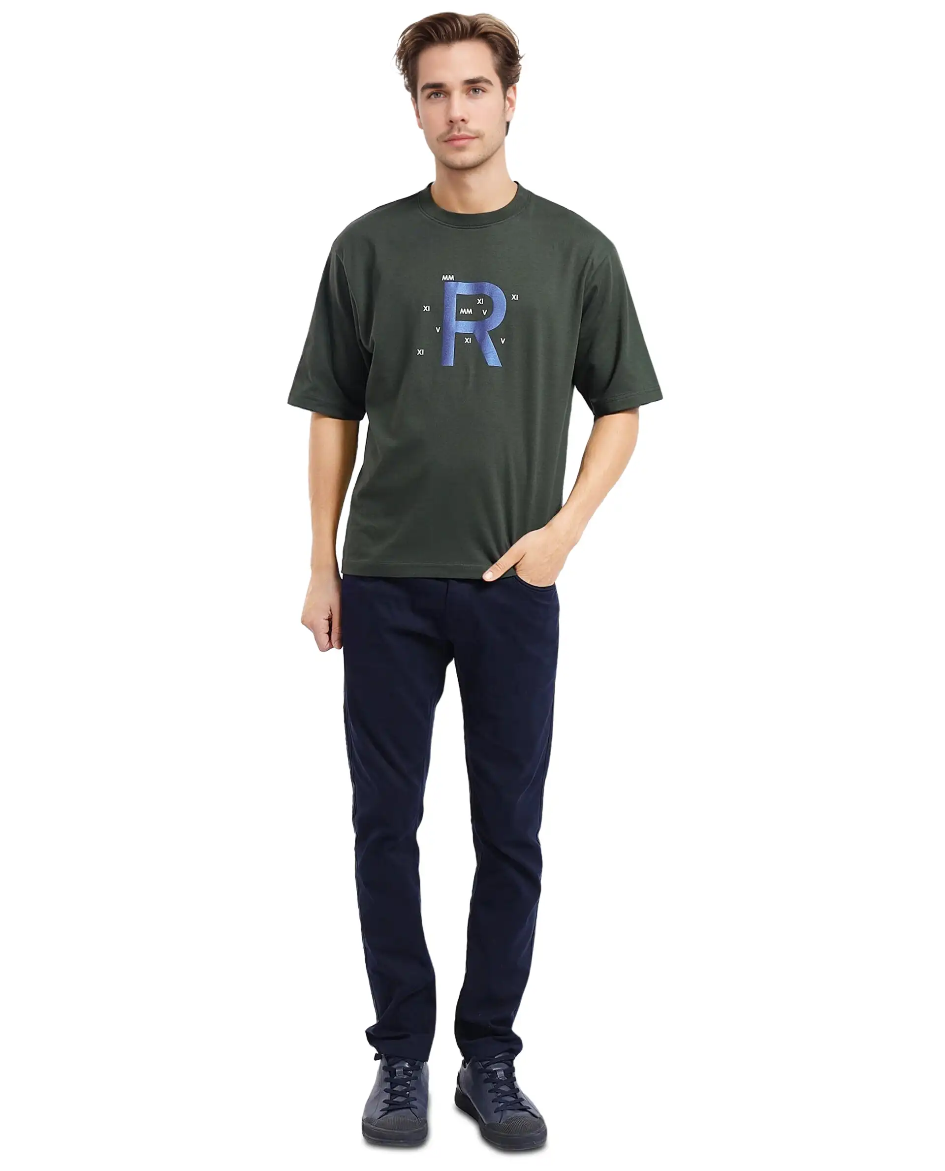 Rare Rabbit Men's Leat Olive Cotton Graphic Print Boxy Fit Half Sleeve Crew Neck T-Shirt - Image 3