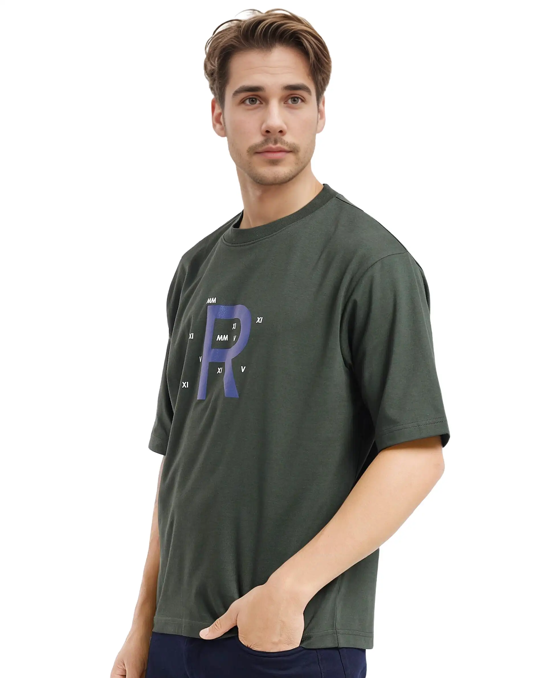 Rare Rabbit Men's Leat Olive Cotton Graphic Print Boxy Fit Half Sleeve Crew Neck T-Shirt - Image 4