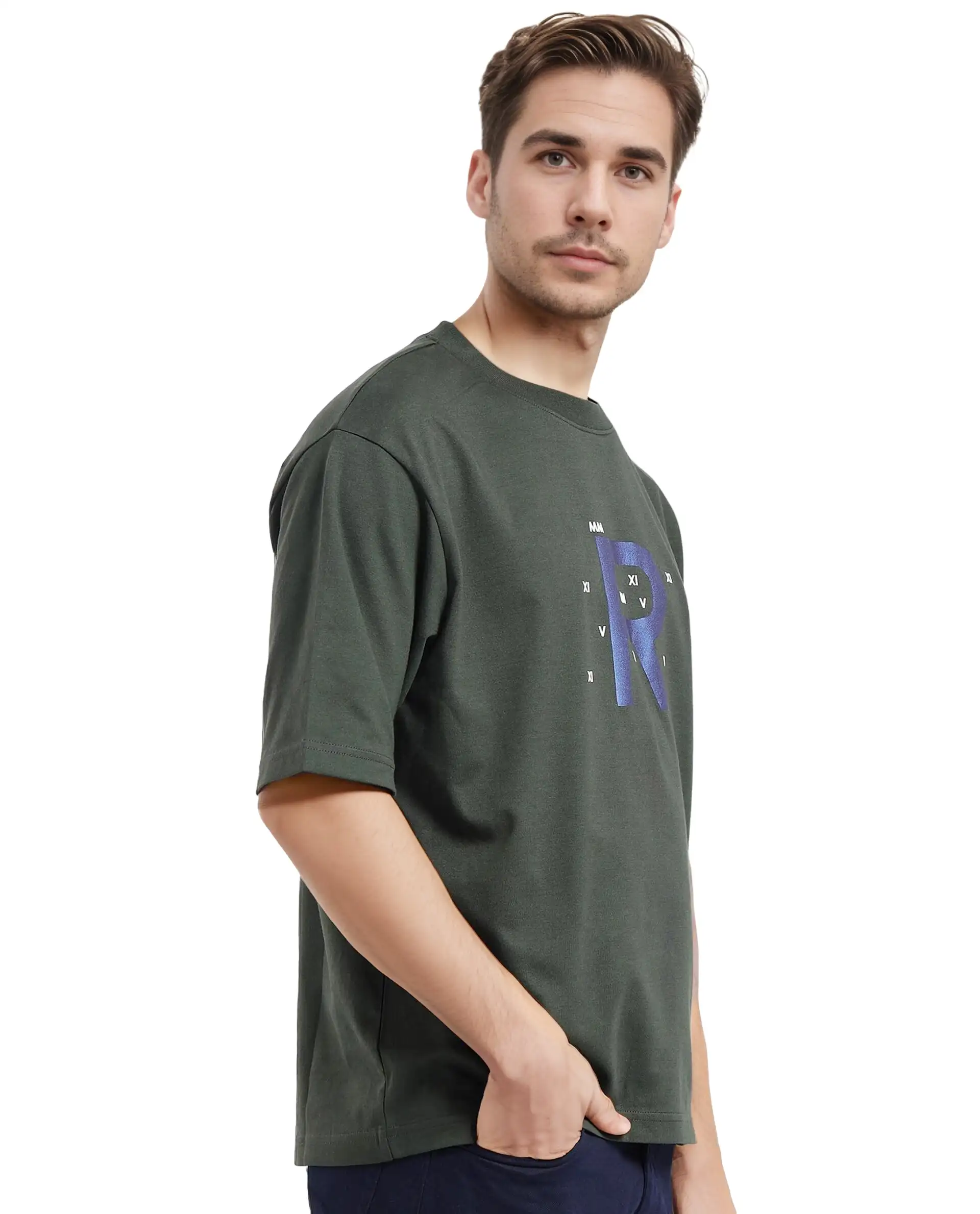 Rare Rabbit Men's Leat Olive Cotton Graphic Print Boxy Fit Half Sleeve Crew Neck T-Shirt - Image 5