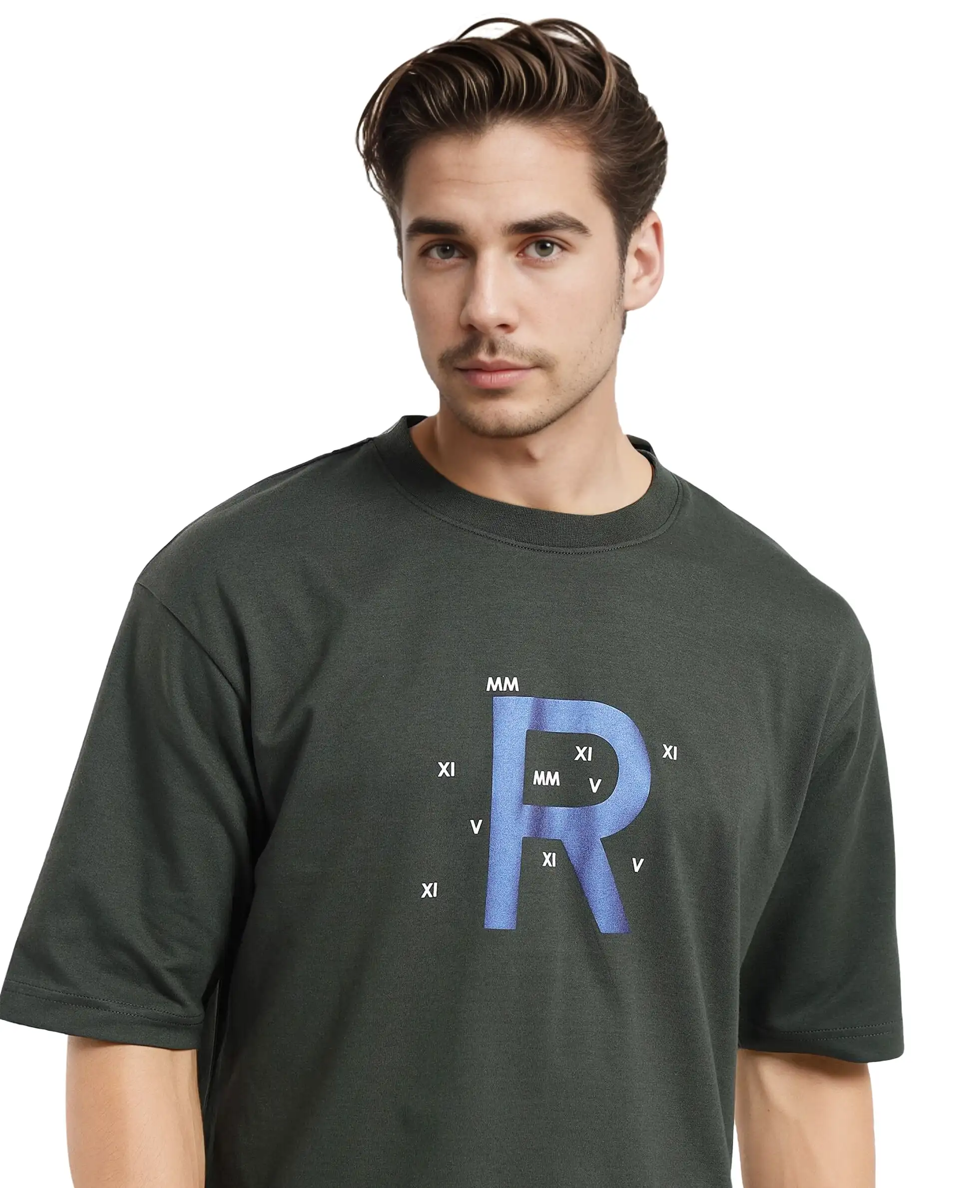 Rare Rabbit Men's Leat Olive Cotton Graphic Print Boxy Fit Half Sleeve Crew Neck T-Shirt - Image 7