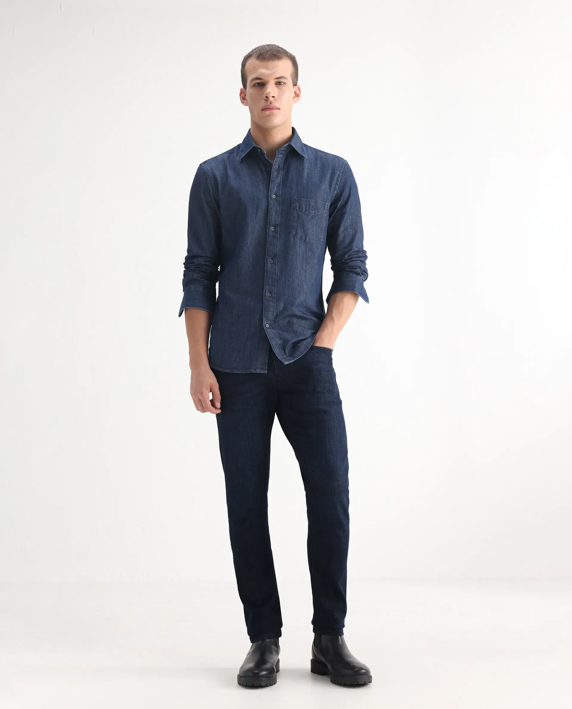 Rare Rabbit Men's Ledo Dark Navy Cotton Blend Plain Hawk Slim Fit Jeans - Image 4