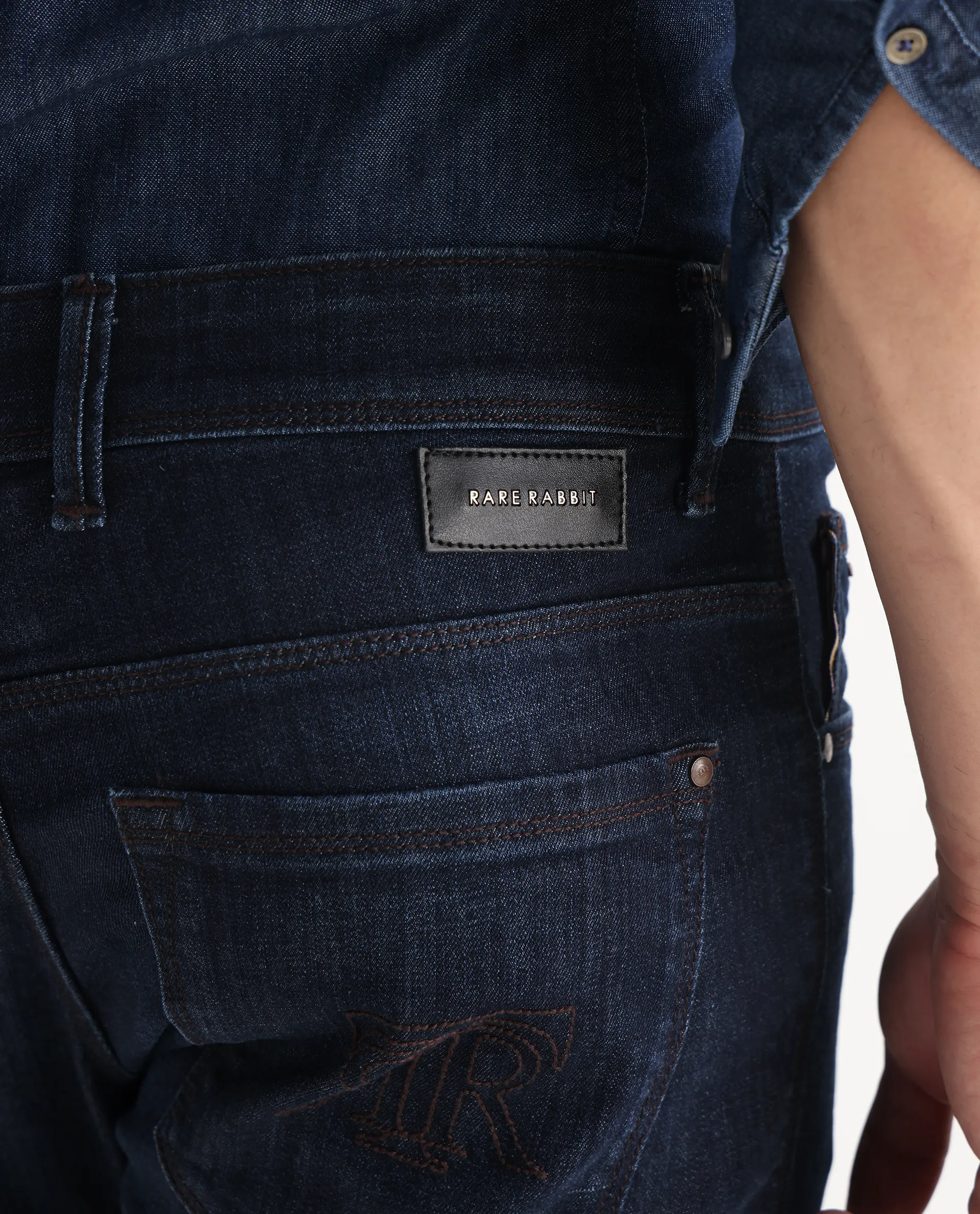 Rare Rabbit Men's Ledo Dark Navy Cotton Blend Plain Hawk Slim Fit Jeans - Image 6