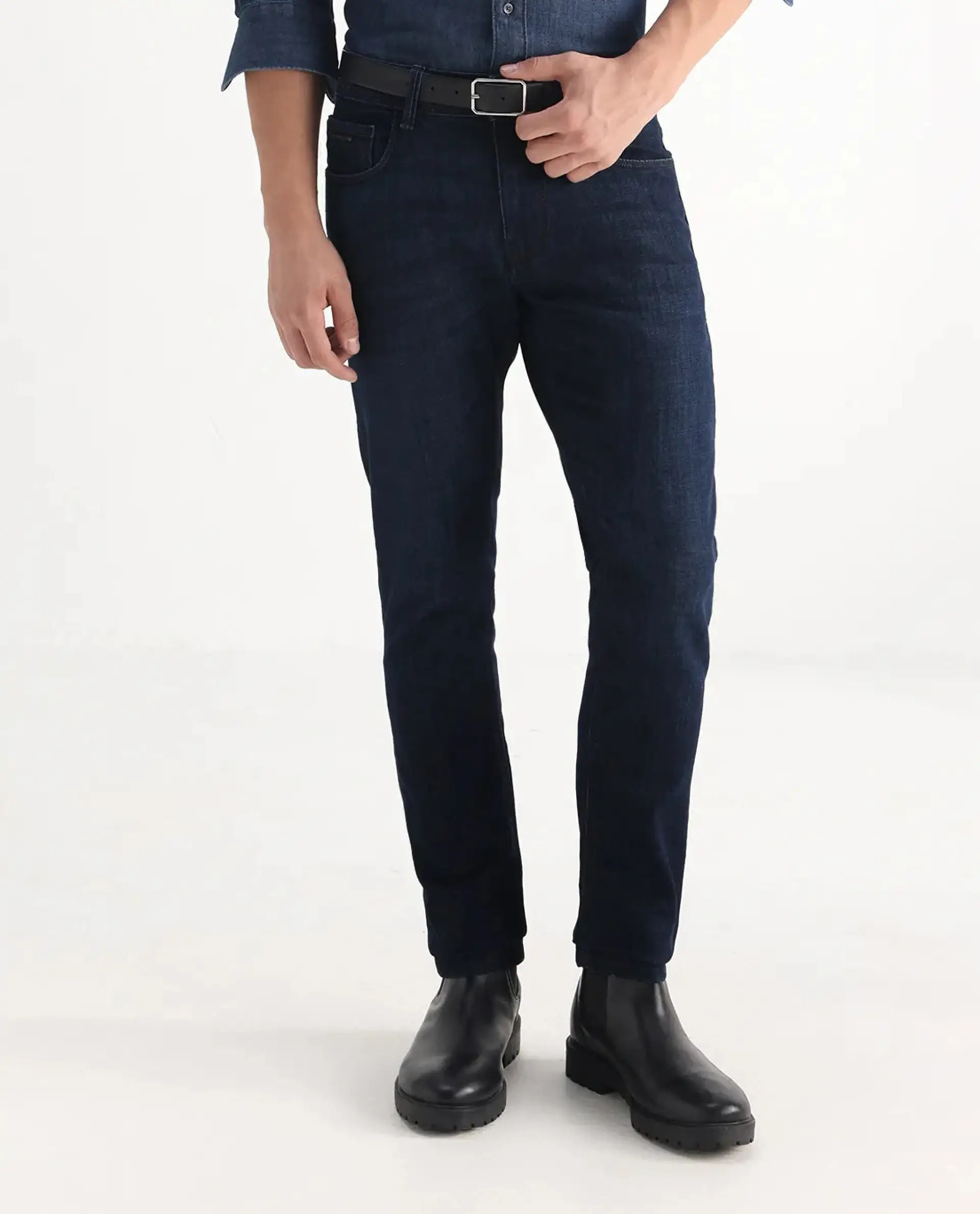 Rare Rabbit Men's Ledo Dark Navy Cotton Blend Plain Hawk Slim Fit Jeans - Image 9
