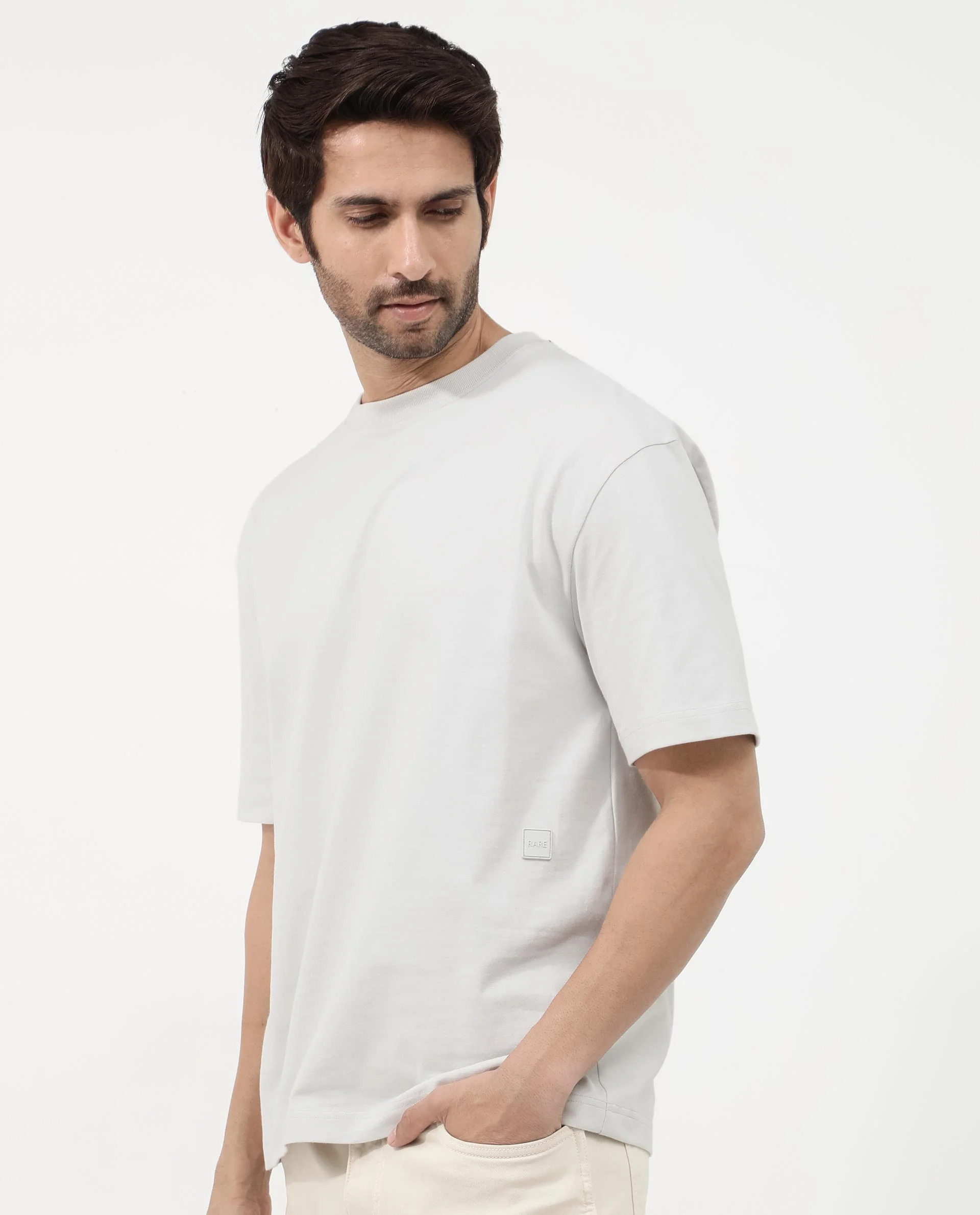 Rare Rabbit Articale Mens Lee Light Grey Cotton Fabric Short Sleeve Crew Neck Oversized Fit Graphic Printed T-Shirt - Image 10