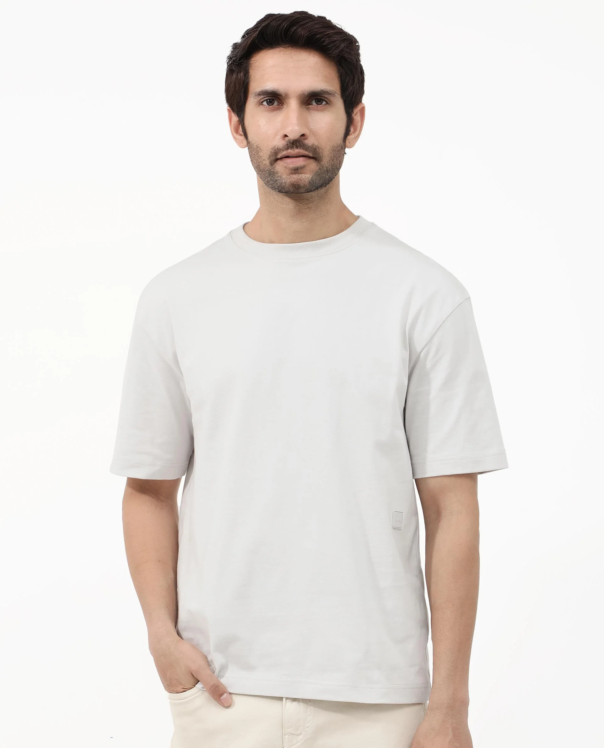 Rare Rabbit Articale Mens Lee Light Grey Cotton Fabric Short Sleeve Crew Neck Oversized Fit Graphic Printed T-Shirt - Image 11