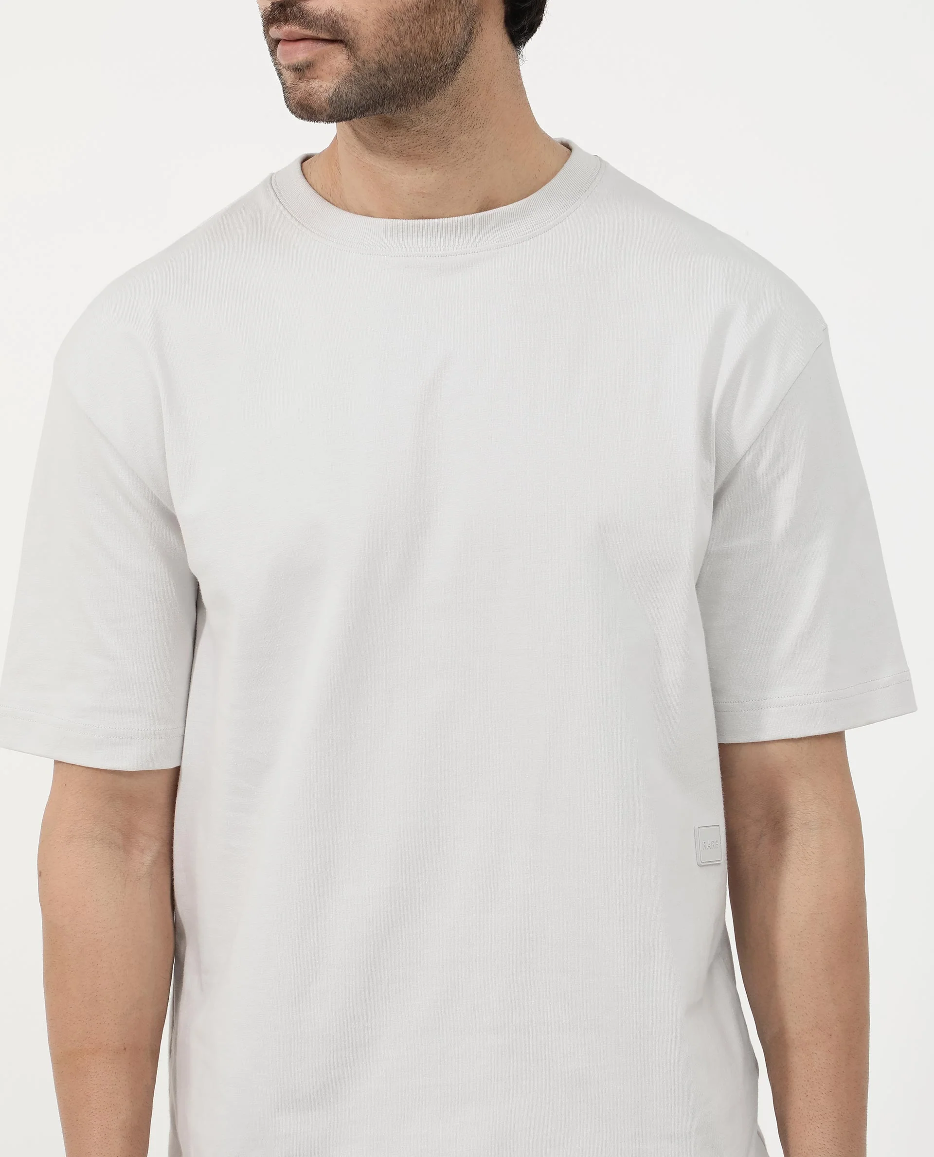 Rare Rabbit Articale Mens Lee Light Grey Cotton Fabric Short Sleeve Crew Neck Oversized Fit Graphic Printed T-Shirt - Image 4