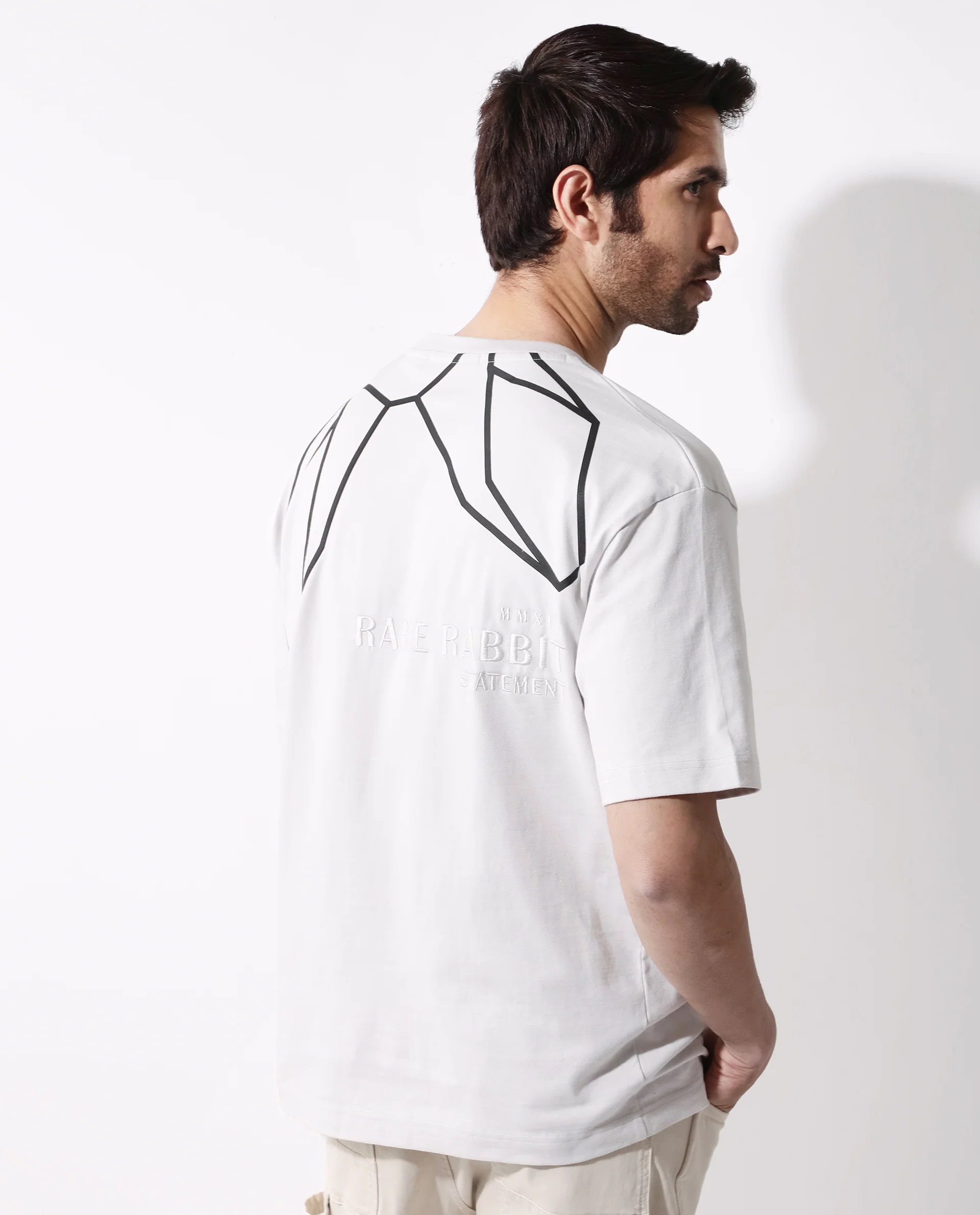 Rare Rabbit Articale Mens Lee Light Grey Cotton Fabric Short Sleeve Crew Neck Oversized Fit Graphic Printed T-Shirt - Image 5