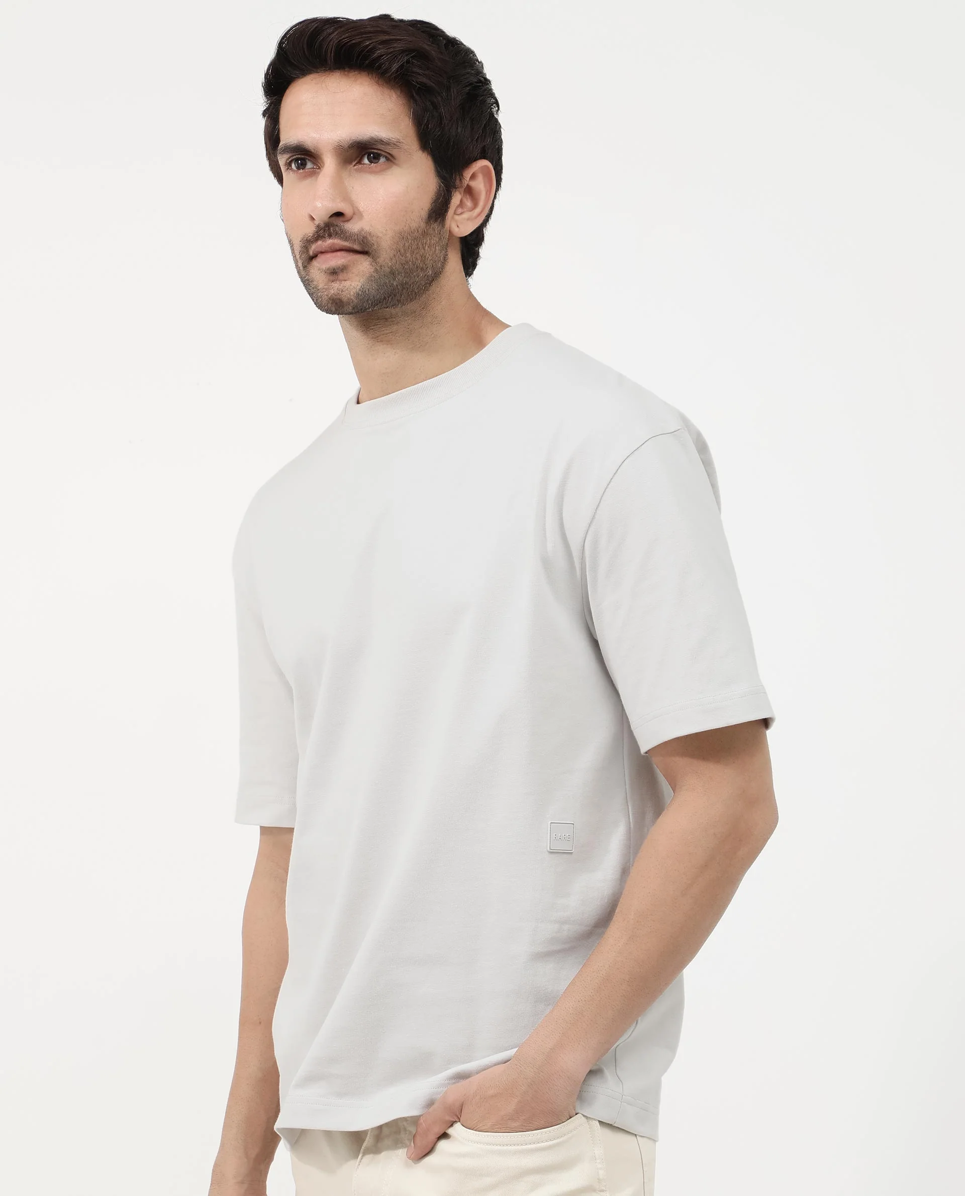 Rare Rabbit Articale Mens Lee Light Grey Cotton Fabric Short Sleeve Crew Neck Oversized Fit Graphic Printed T-Shirt - Image 8