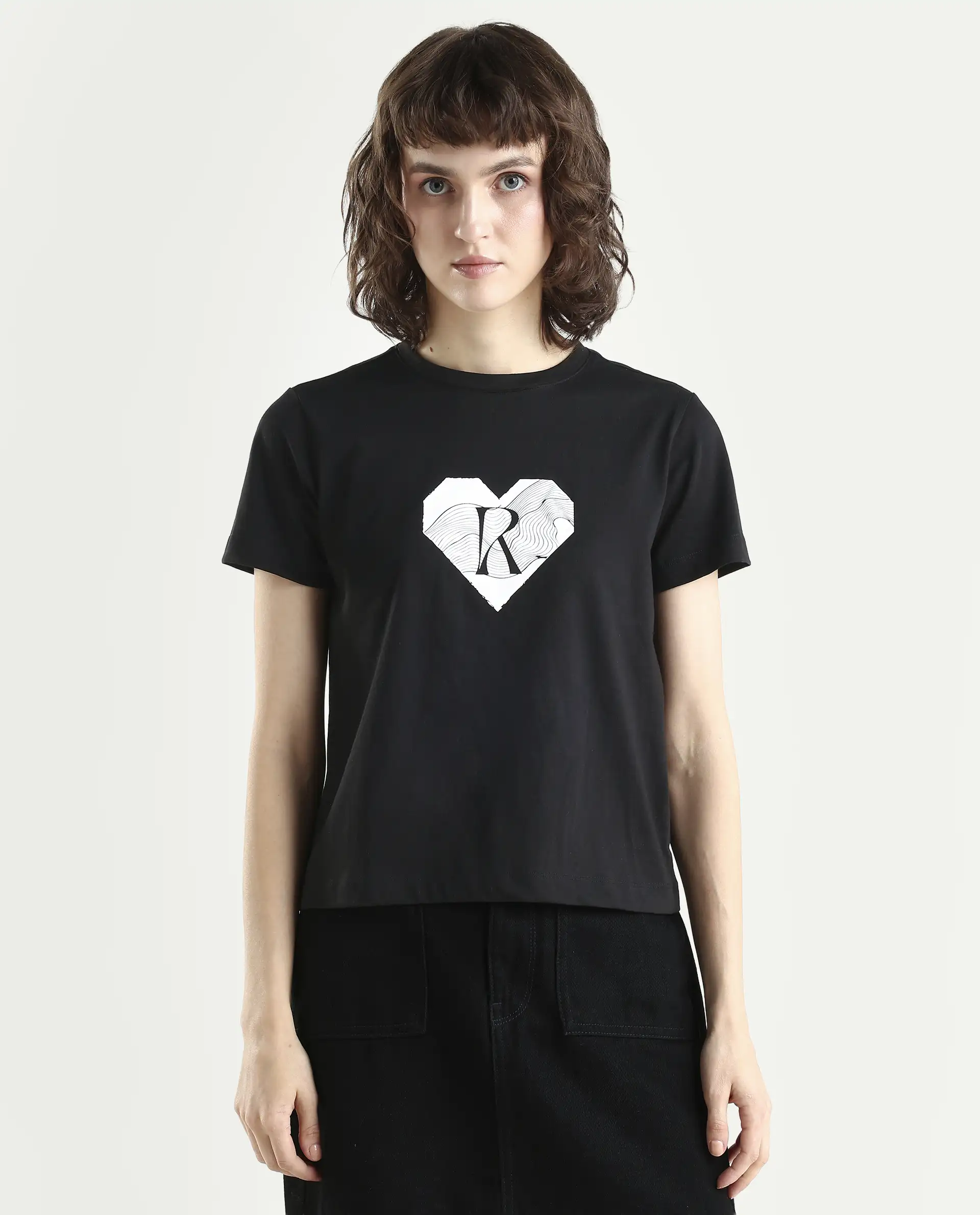 Rareism Women's Lee Black Cotton Blend Crew Neck Graphic Print Regular Fit T-Shirt - Image 3