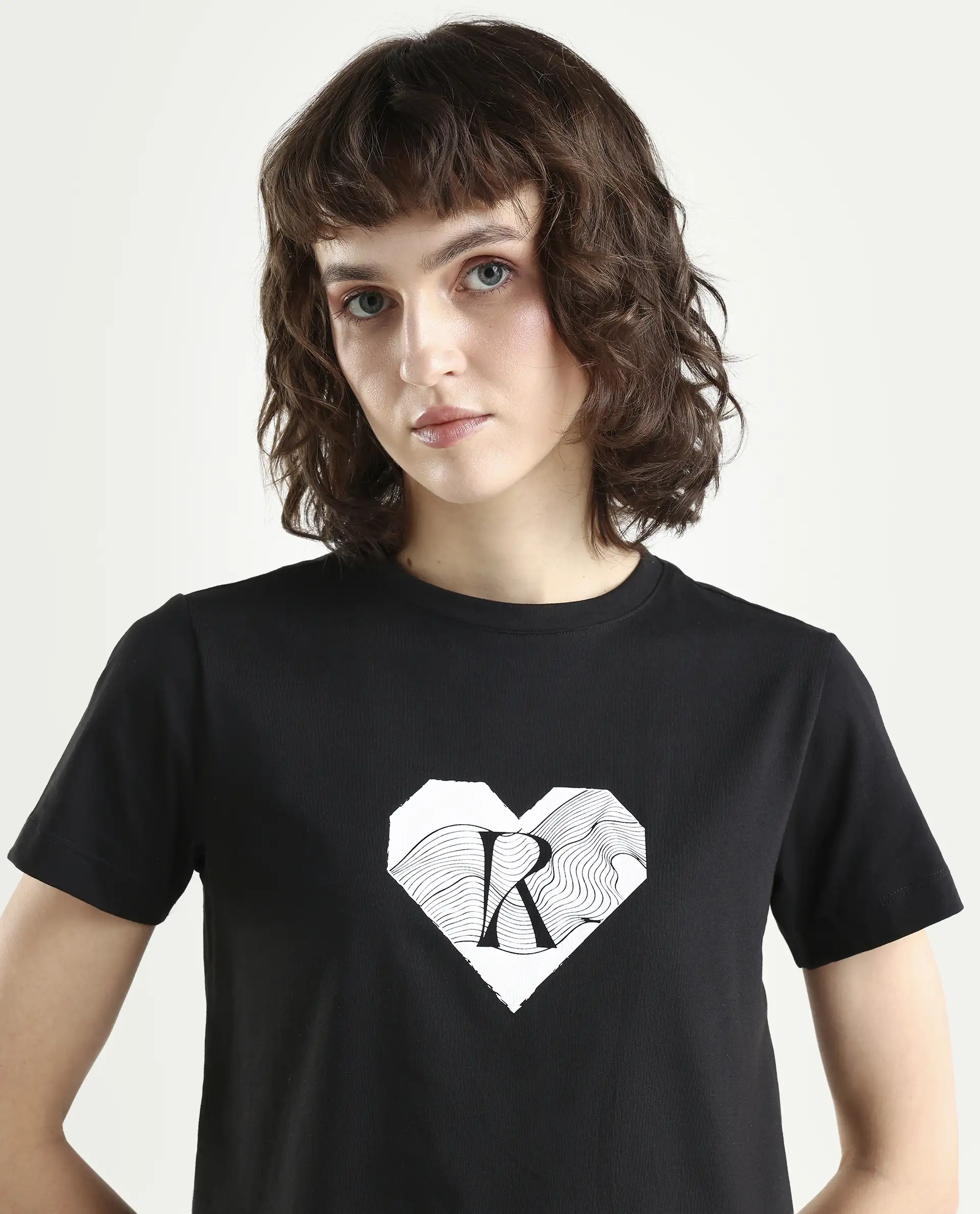 Rareism Women's Lee Black Cotton Blend Crew Neck Graphic Print Regular Fit T-Shirt - Image 4