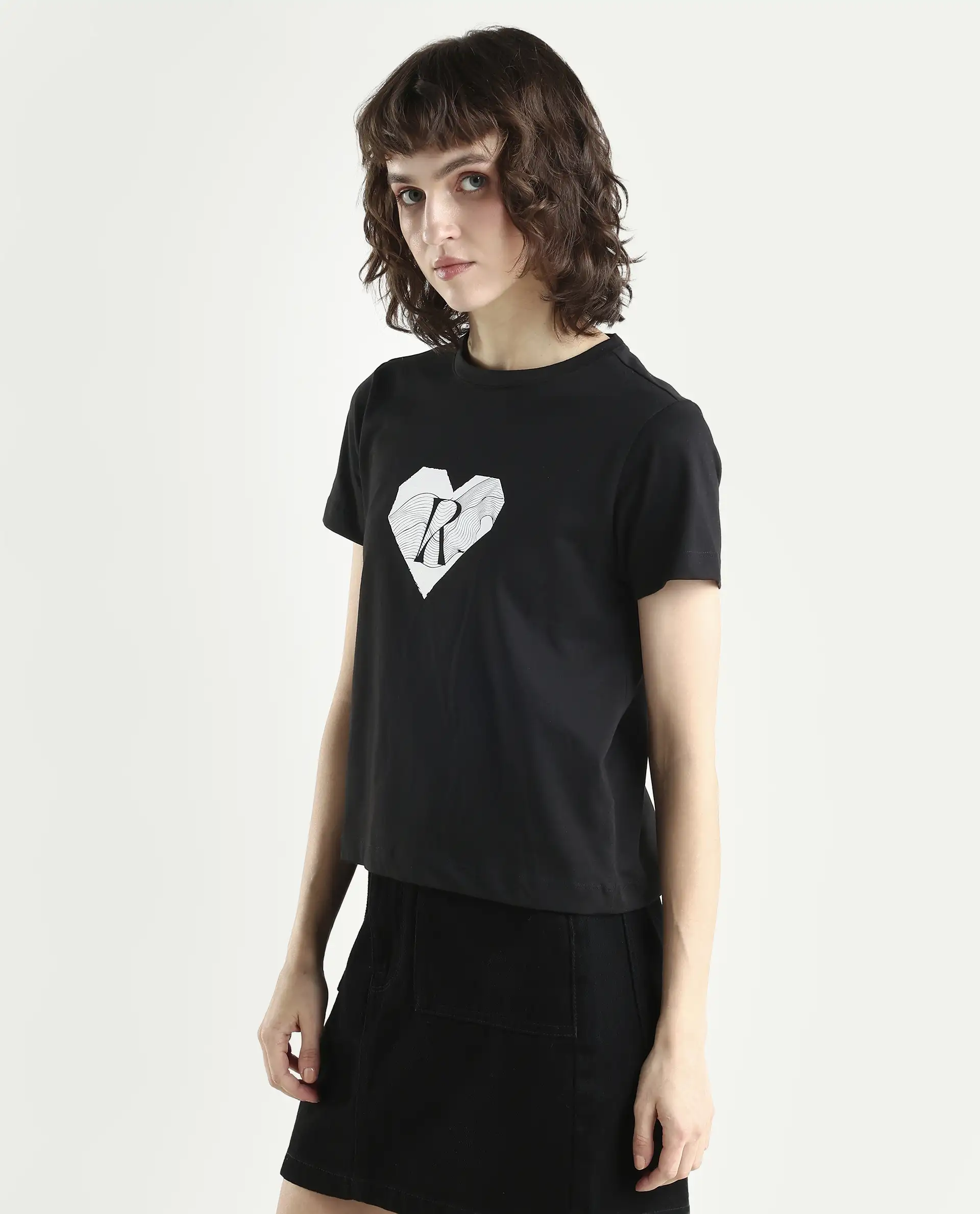 Rareism Women's Lee Black Cotton Blend Crew Neck Graphic Print Regular Fit T-Shirt - Image 5