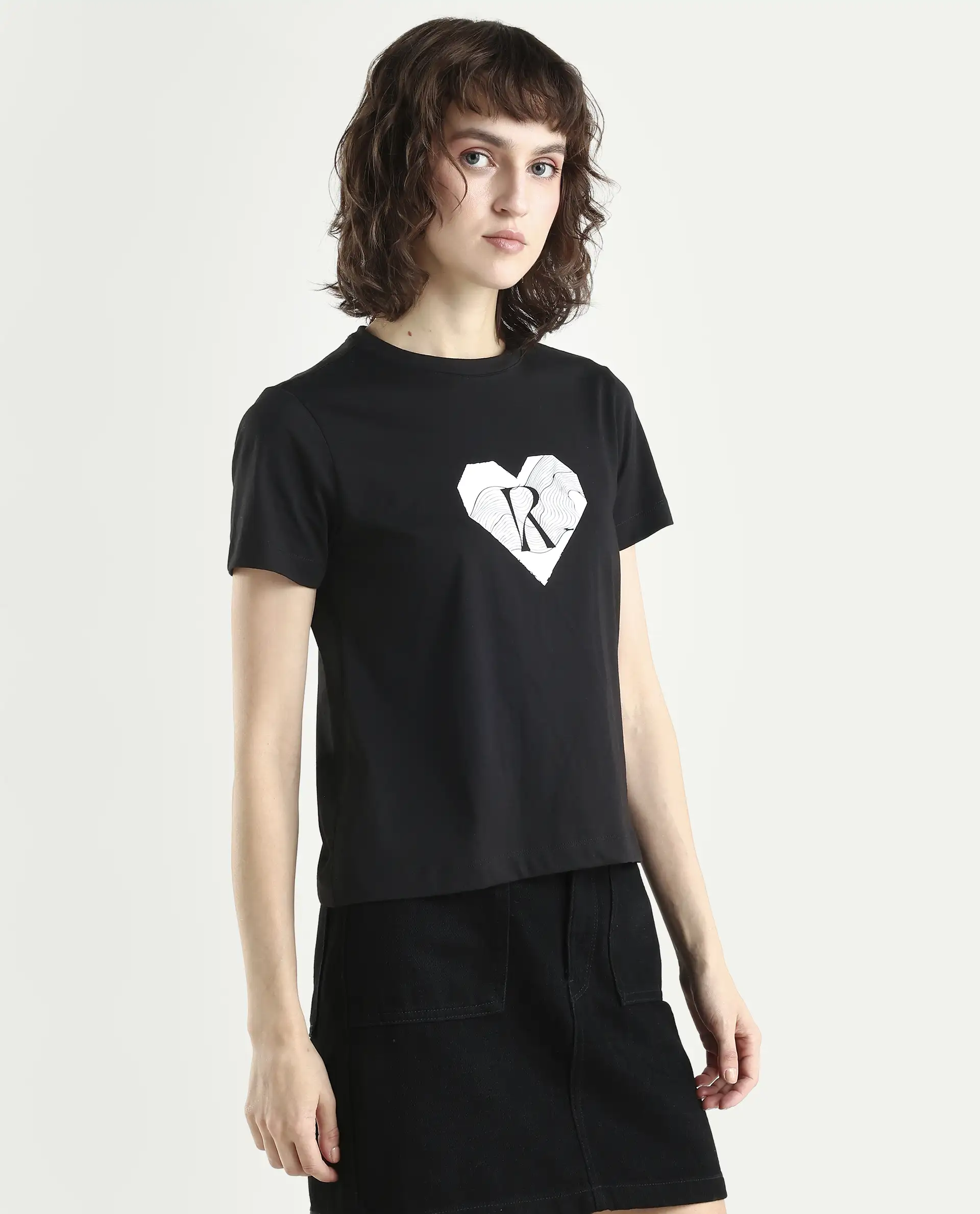 Rareism Women's Lee Black Cotton Blend Crew Neck Graphic Print Regular Fit T-Shirt - Image 6