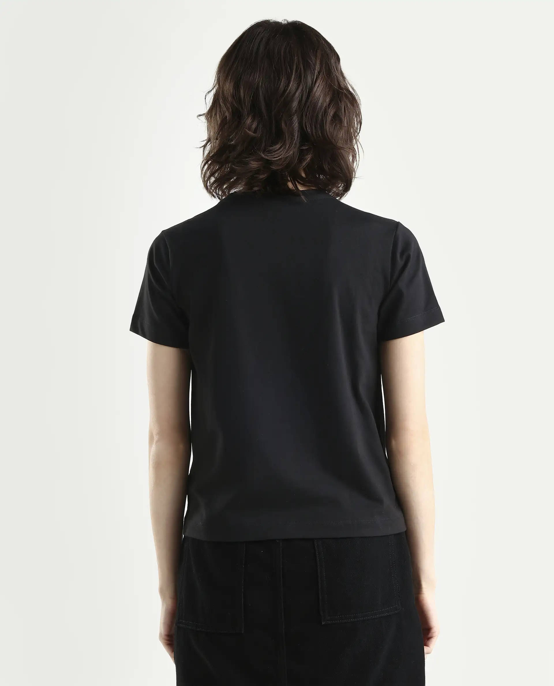 Rareism Women's Lee Black Cotton Blend Crew Neck Graphic Print Regular Fit T-Shirt - Image 7