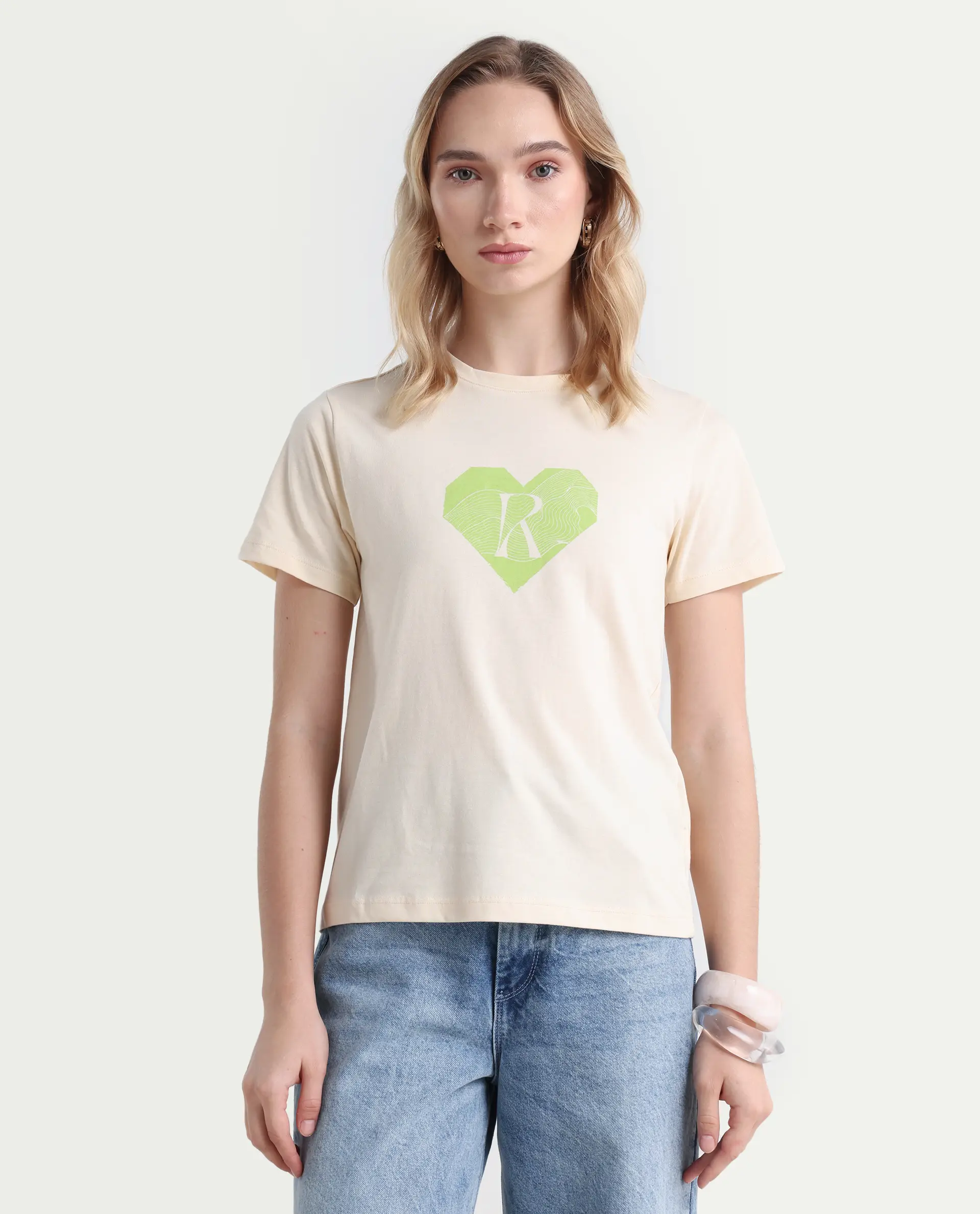 Rareism Women's Lee Light Beige Cotton Blend Crew Neck Graphic Print Regular Fit T-Shirt - Image 3