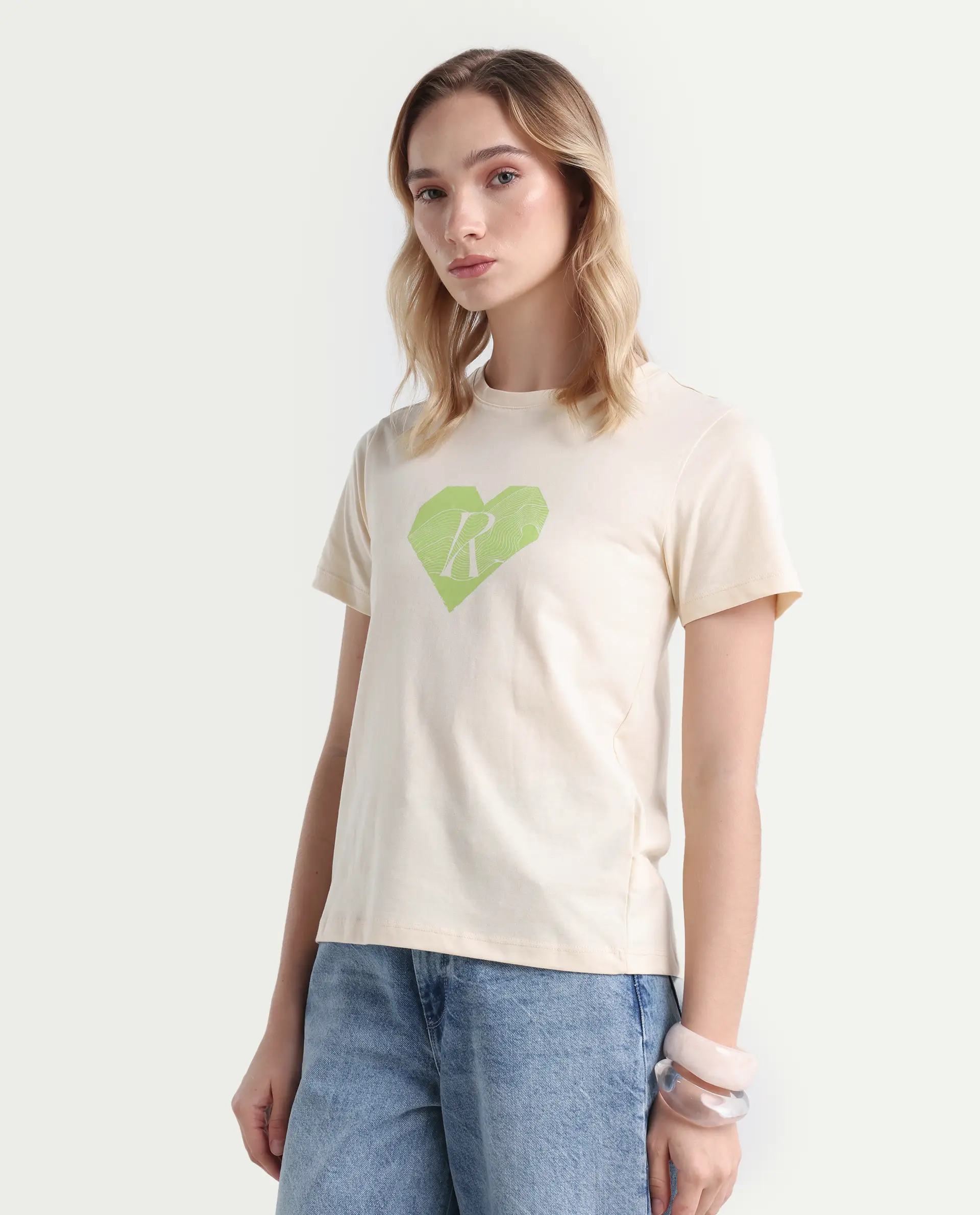 Rareism Women's Lee Light Beige Cotton Blend Crew Neck Graphic Print Regular Fit T-Shirt - Image 5