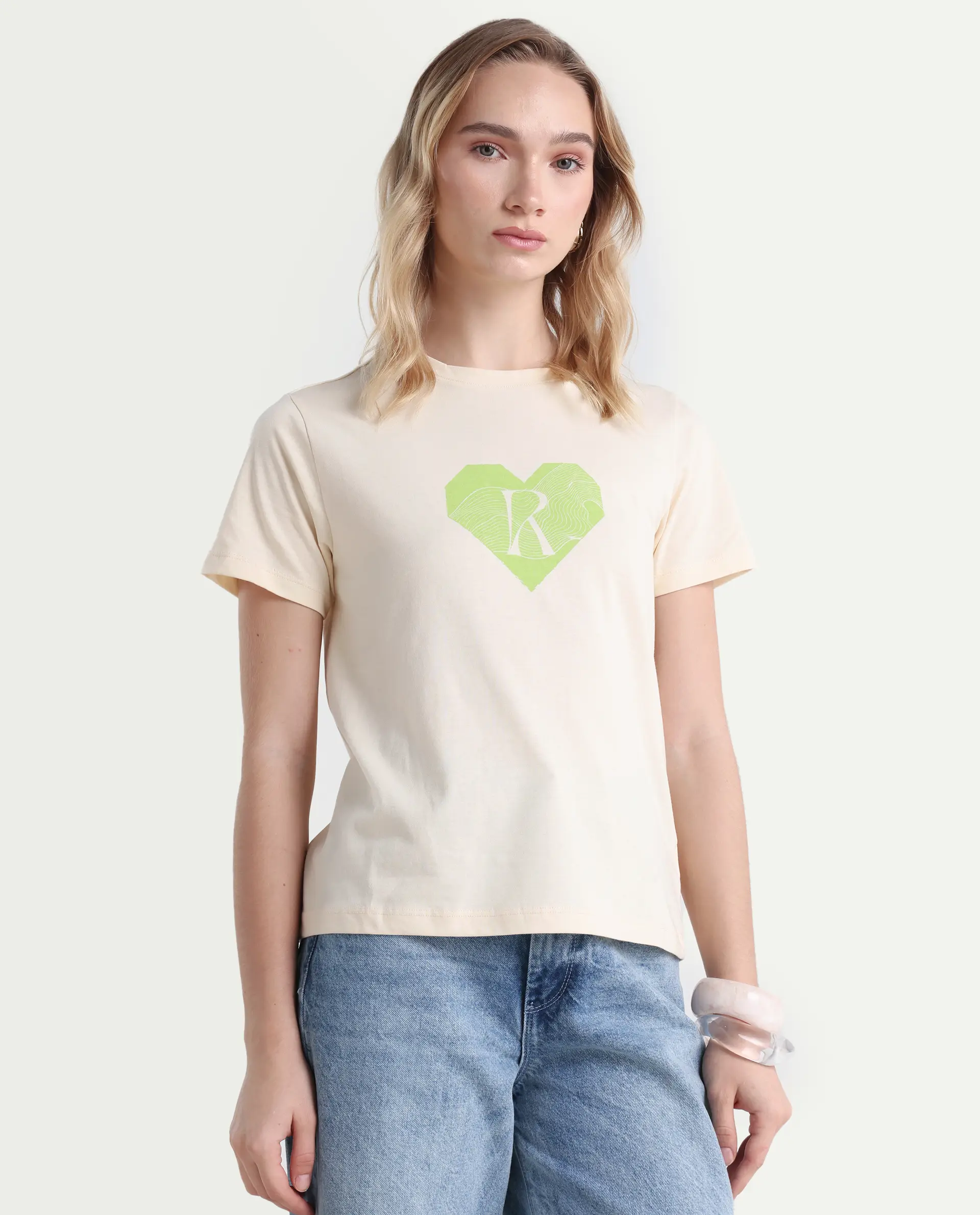 Rareism Women's Lee Light Beige Cotton Blend Crew Neck Graphic Print Regular Fit T-Shirt - Image 6