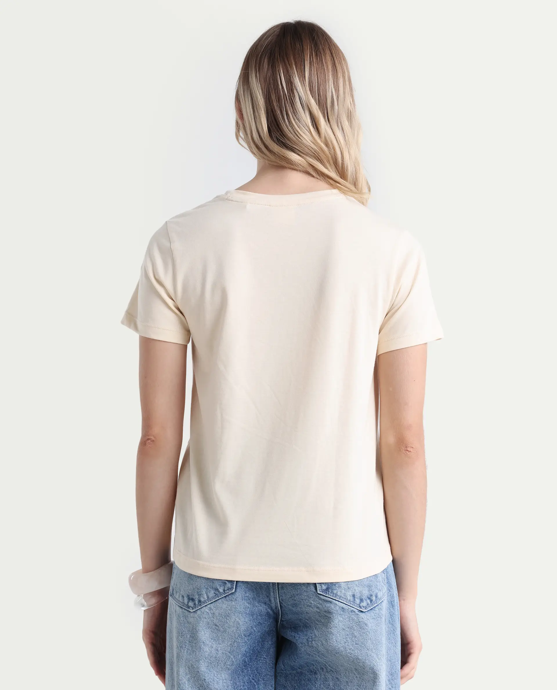 Rareism Women's Lee Light Beige Cotton Blend Crew Neck Graphic Print Regular Fit T-Shirt - Image 7