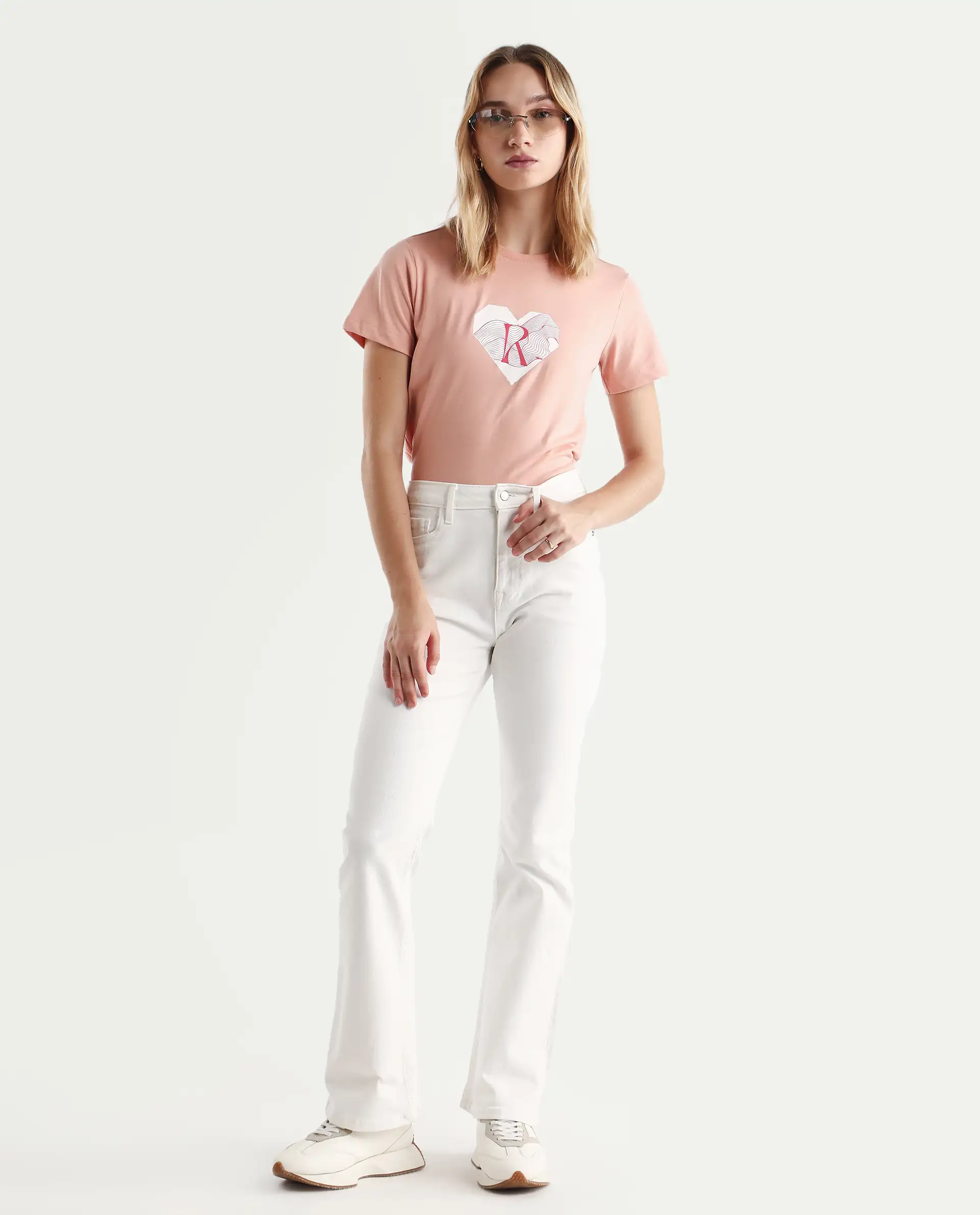 Rareism Women's Lee Light Peach Cotton Blend Crew Neck Graphic Print Regular Fit T-Shirt - Image 2