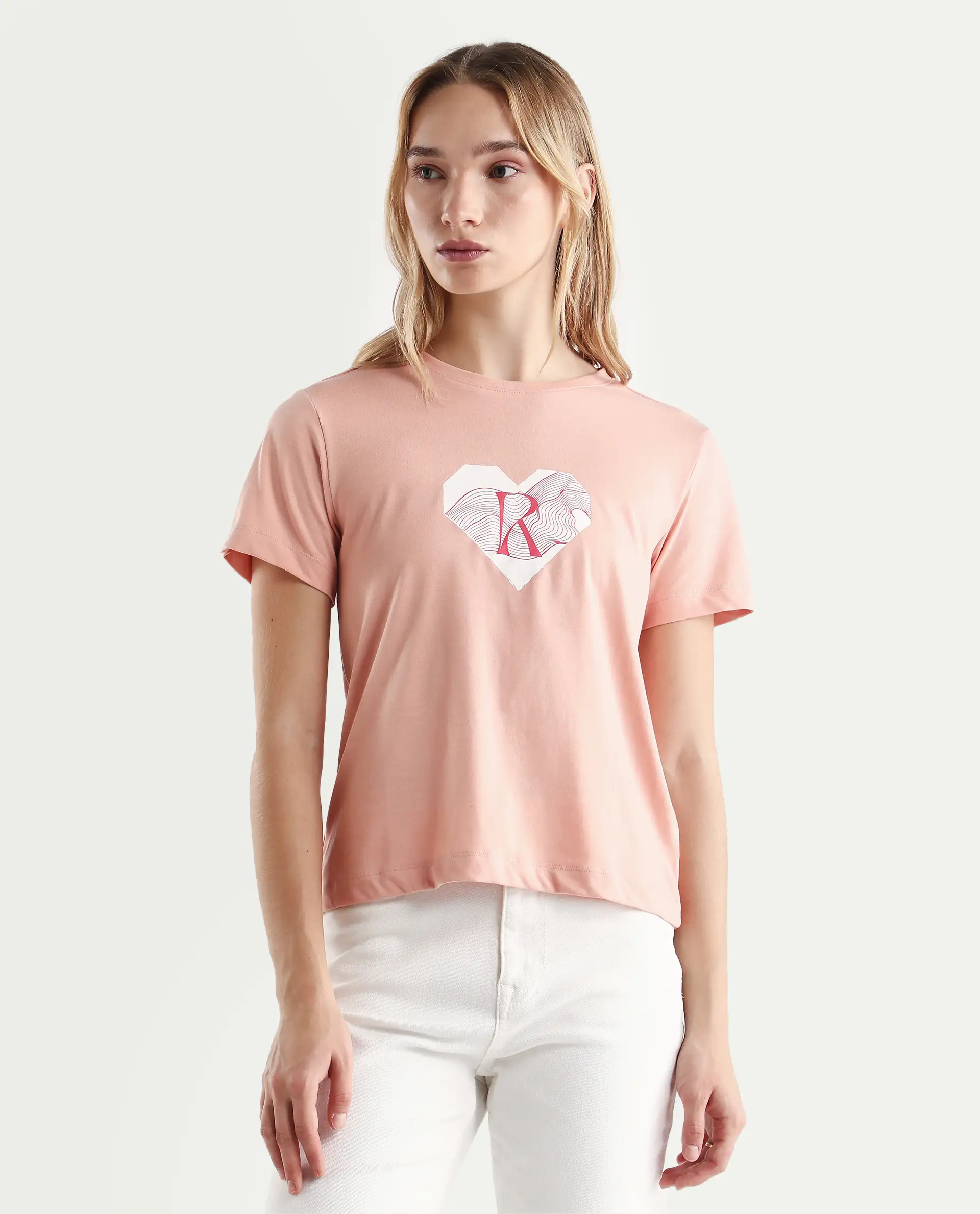 Rareism Women's Lee Light Peach Cotton Blend Crew Neck Graphic Print Regular Fit T-Shirt - Image 3