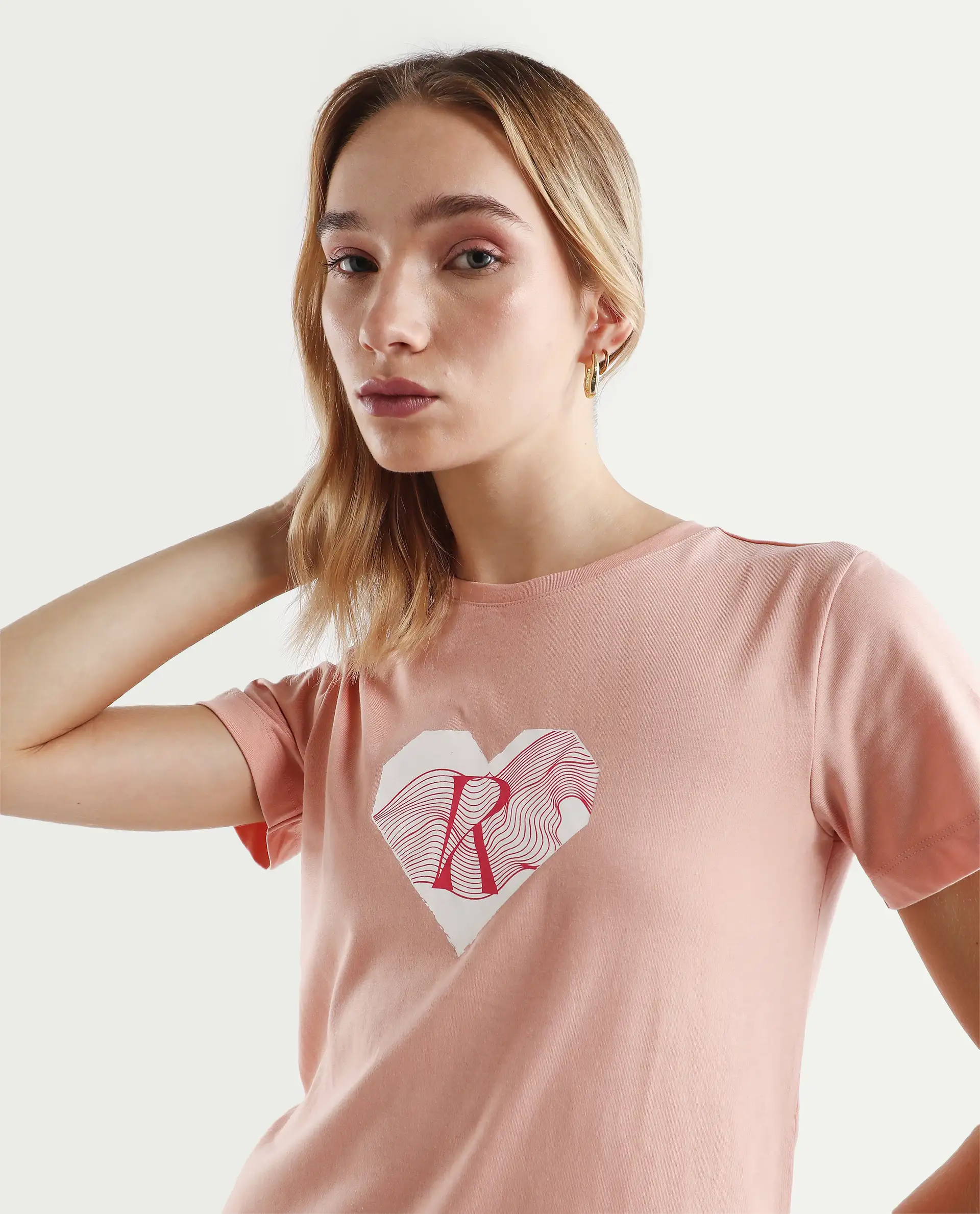 Rareism Women's Lee Light Peach Cotton Blend Crew Neck Graphic Print Regular Fit T-Shirt - Image 4