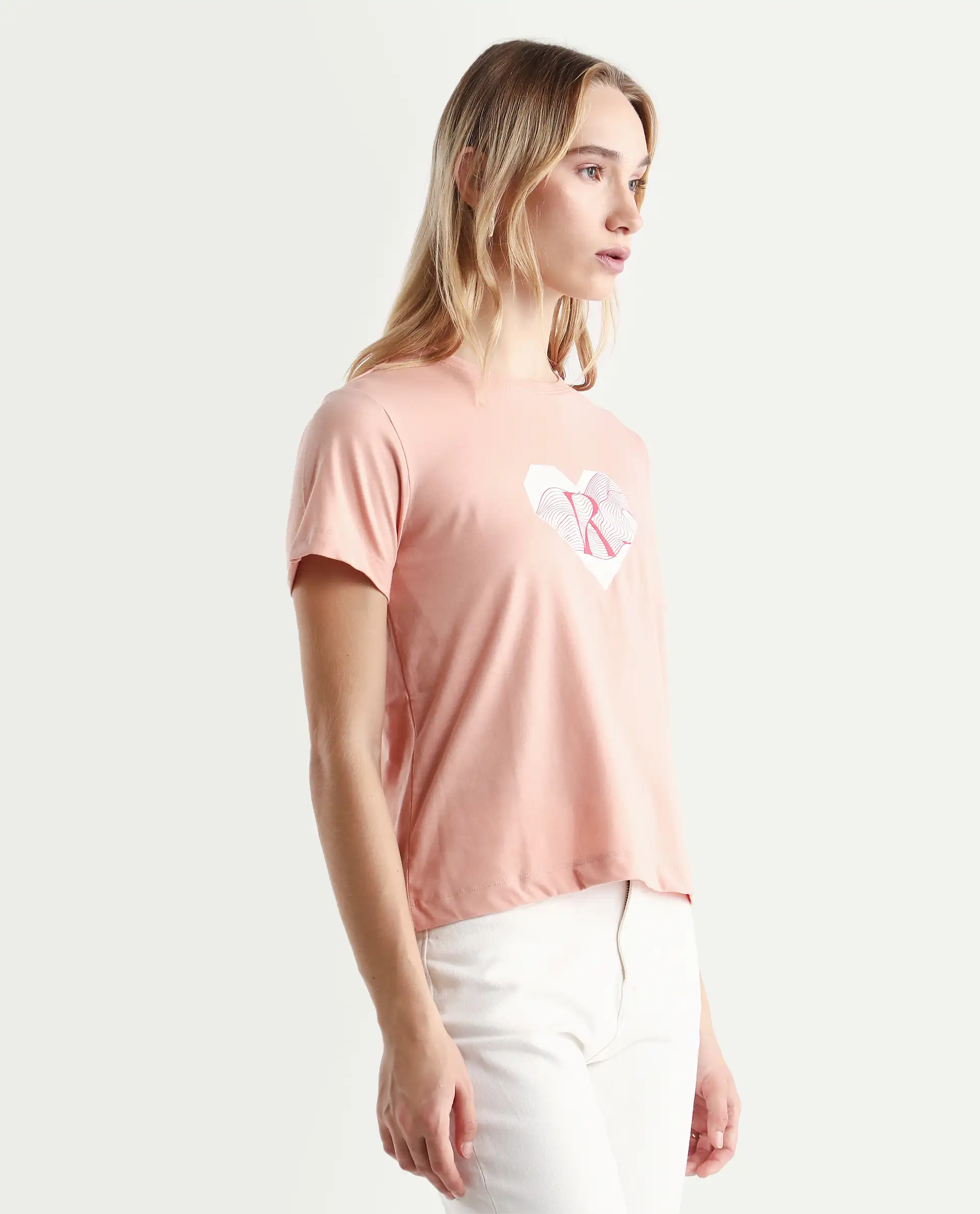 Rareism Women's Lee Light Peach Cotton Blend Crew Neck Graphic Print Regular Fit T-Shirt - Image 5