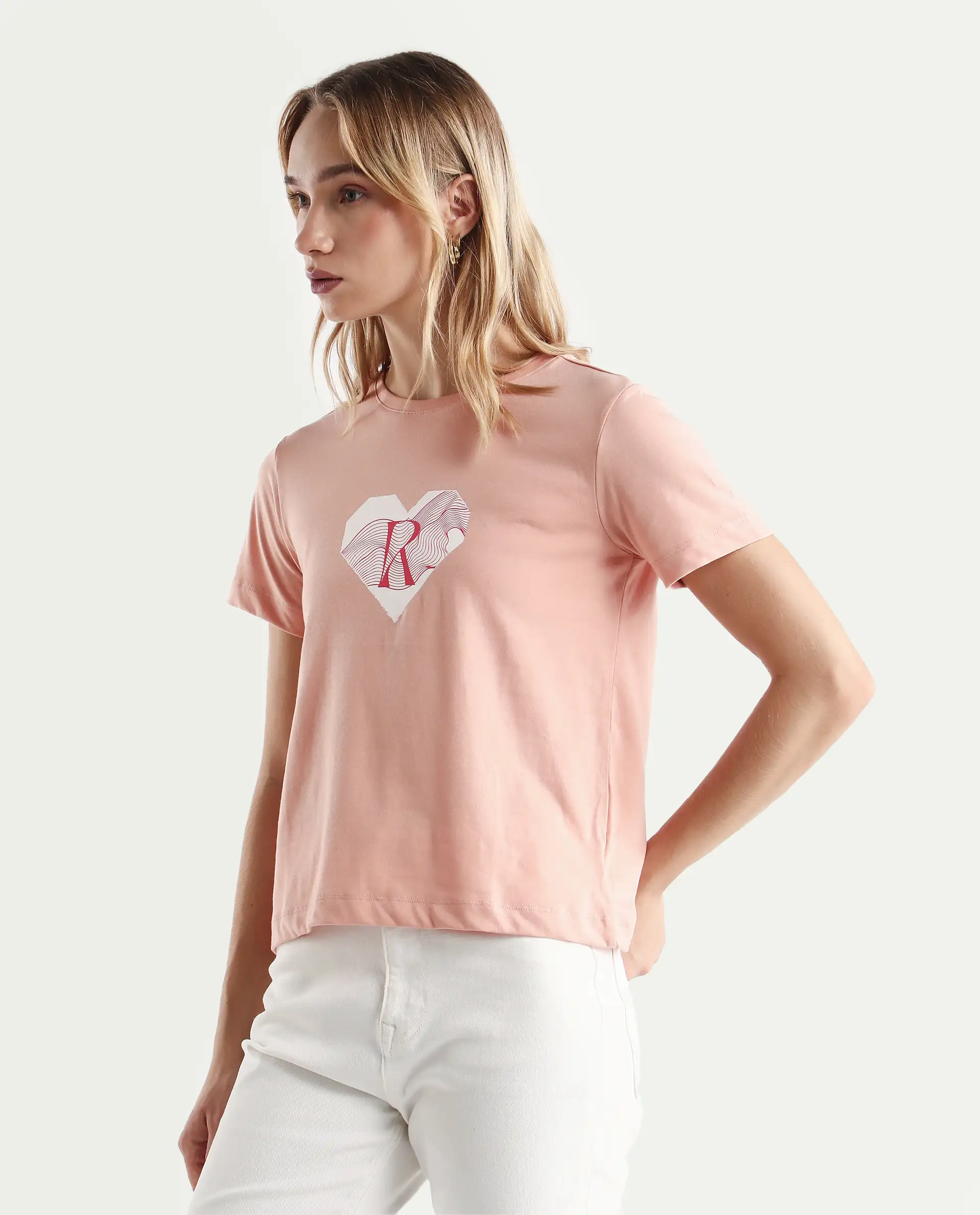 Rareism Women's Lee Light Peach Cotton Blend Crew Neck Graphic Print Regular Fit T-Shirt - Image 6