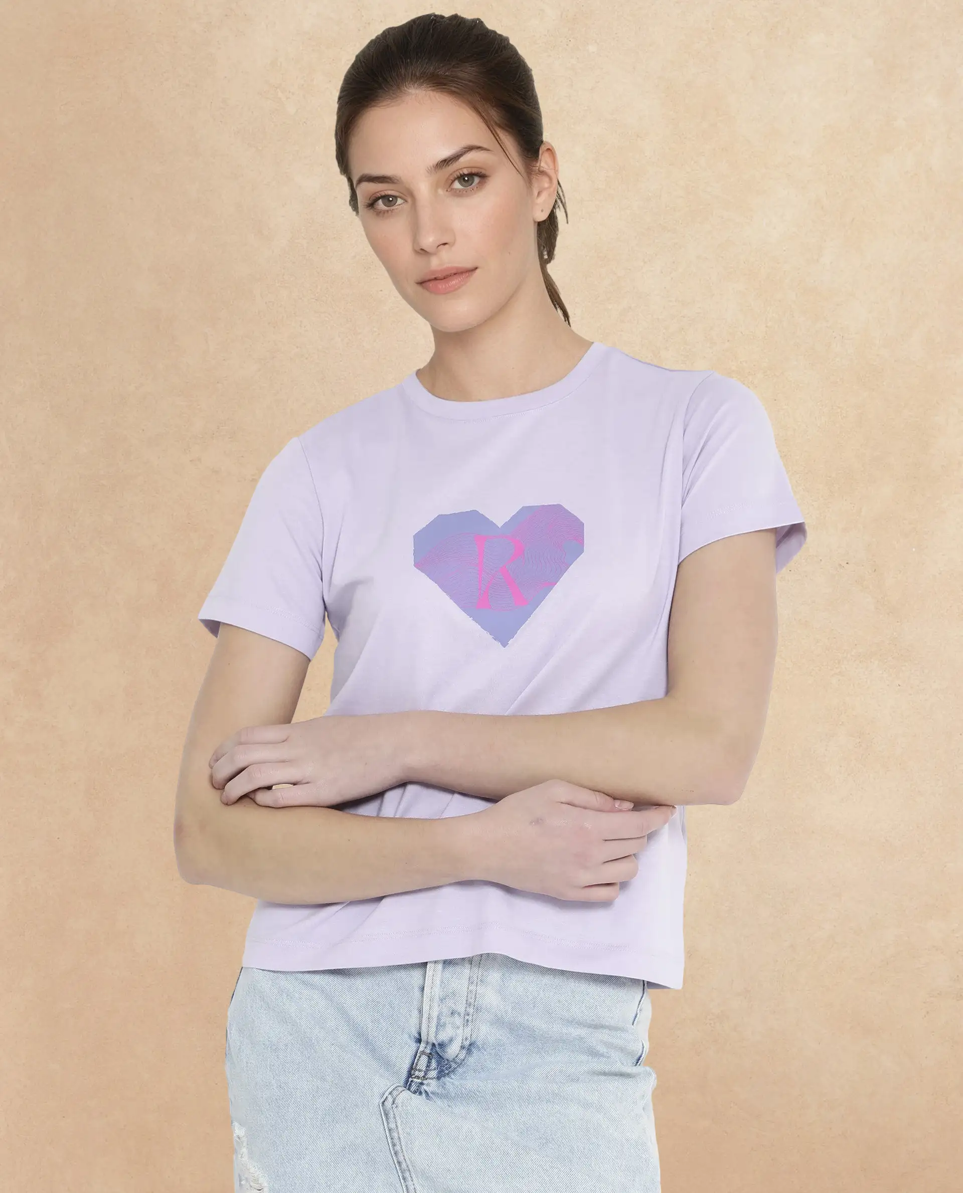 Rareism Women's Lee Pastel Purple Cotton Blend Crew Neck Graphic Print Regular Fit T-Shirt