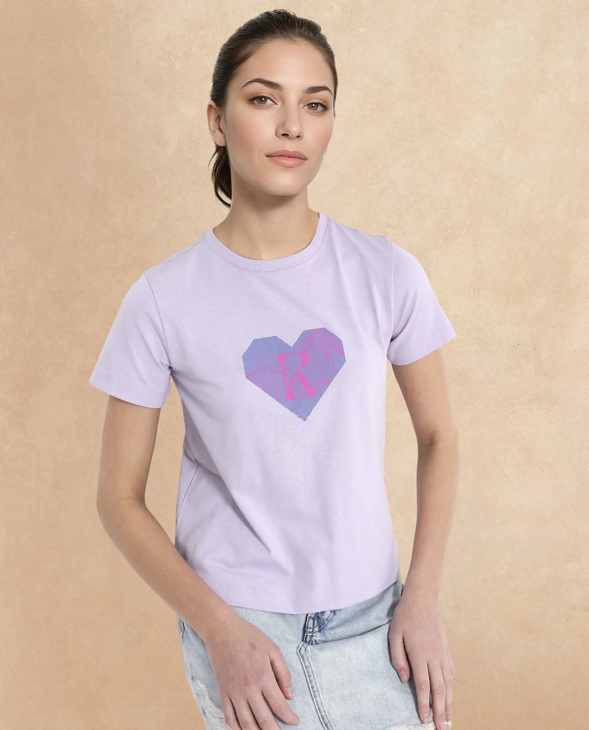 Rareism Women's Lee Pastel Purple Cotton Blend Crew Neck Graphic Print Regular Fit T-Shirt - Image 3