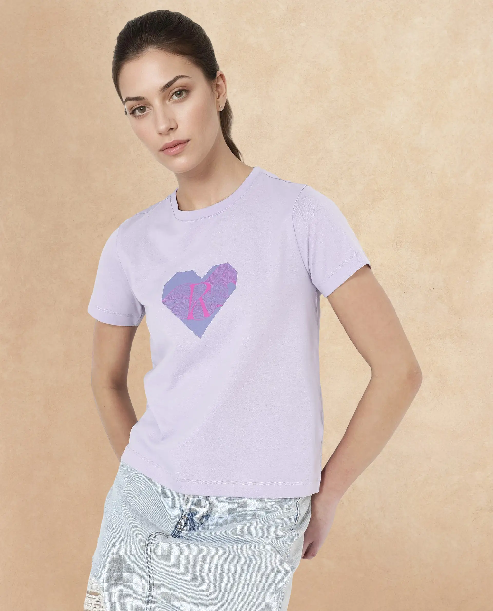 Rareism Women's Lee Pastel Purple Cotton Blend Crew Neck Graphic Print Regular Fit T-Shirt - Image 4